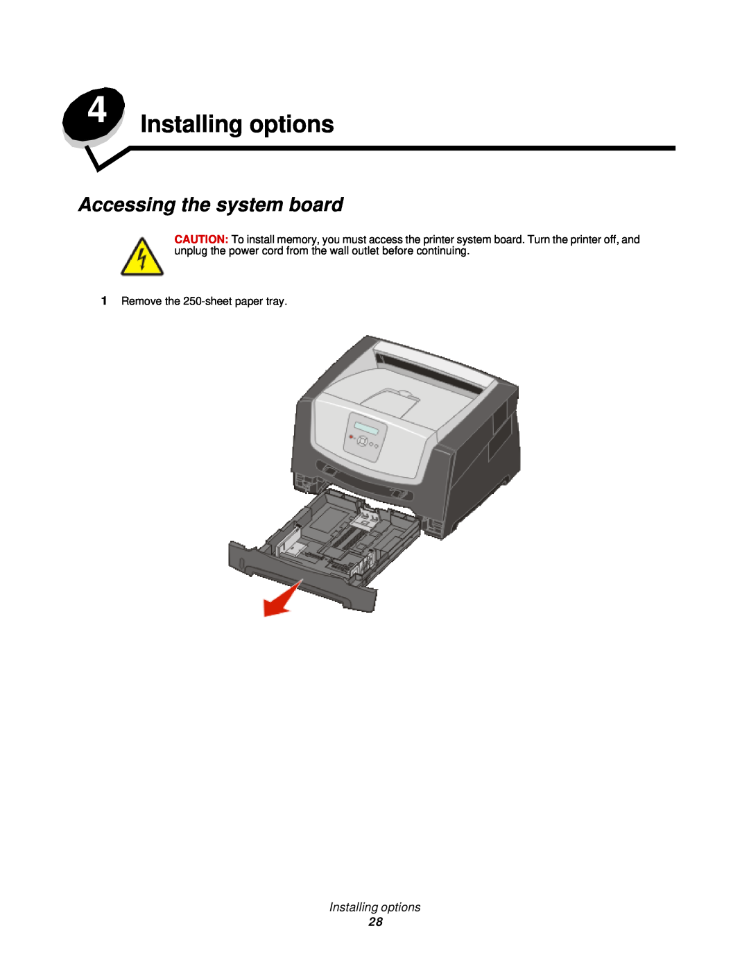 Lexmark 350d manual Installing options, Accessing the system board 