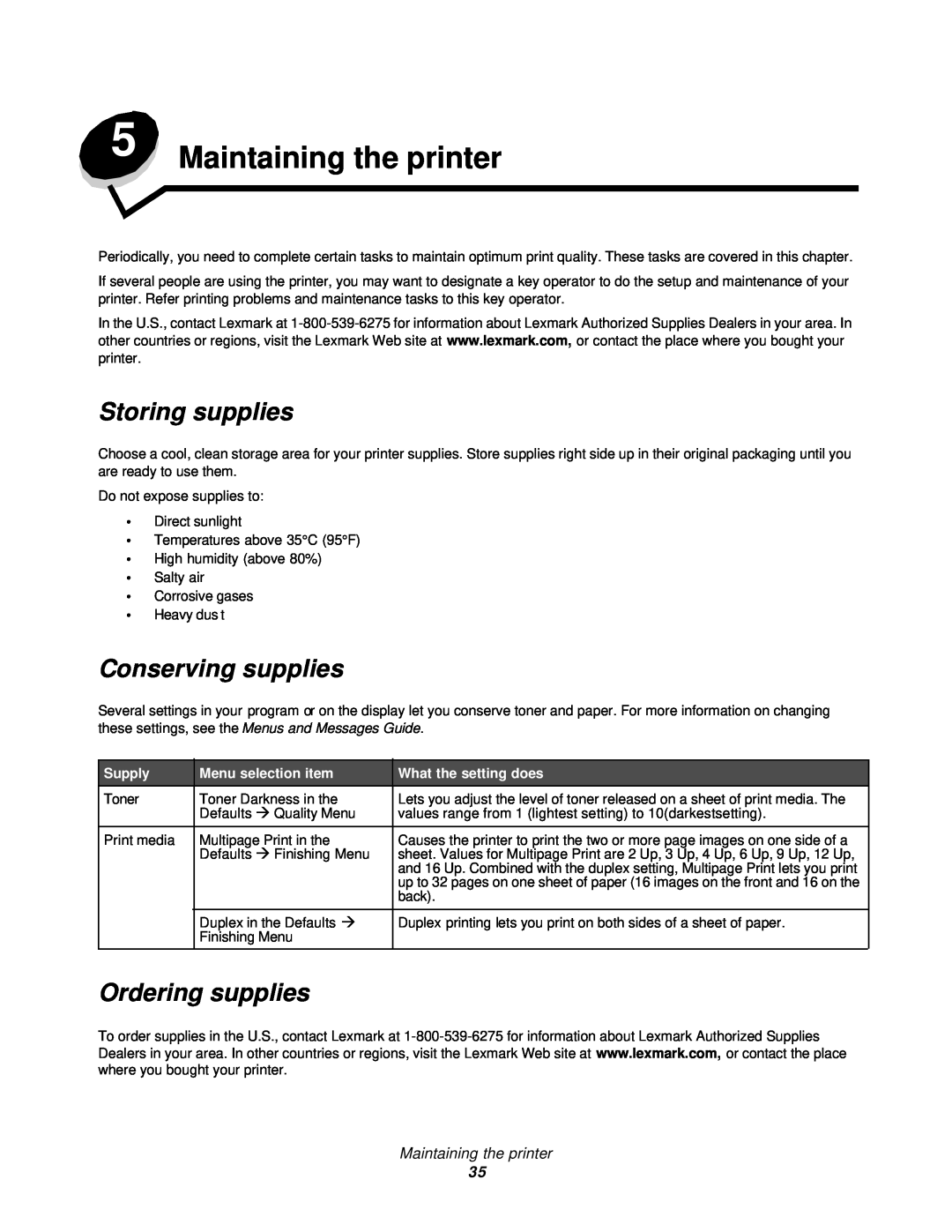 Lexmark 350d manual Maintaining the printer, Storing supplies, Conserving supplies, Ordering supplies, Supply 