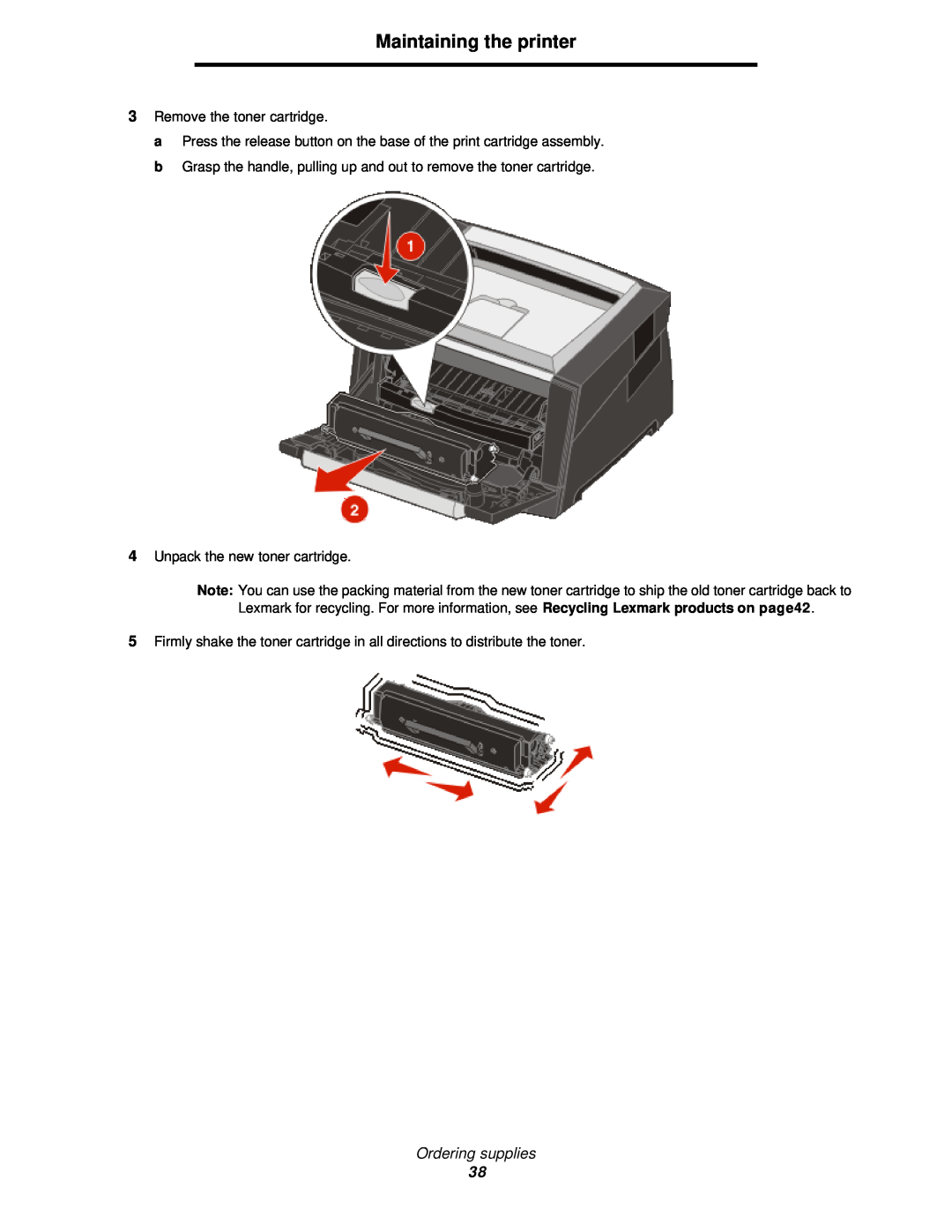 Lexmark 350d manual Maintaining the printer, Ordering supplies, Remove the toner cartridge 