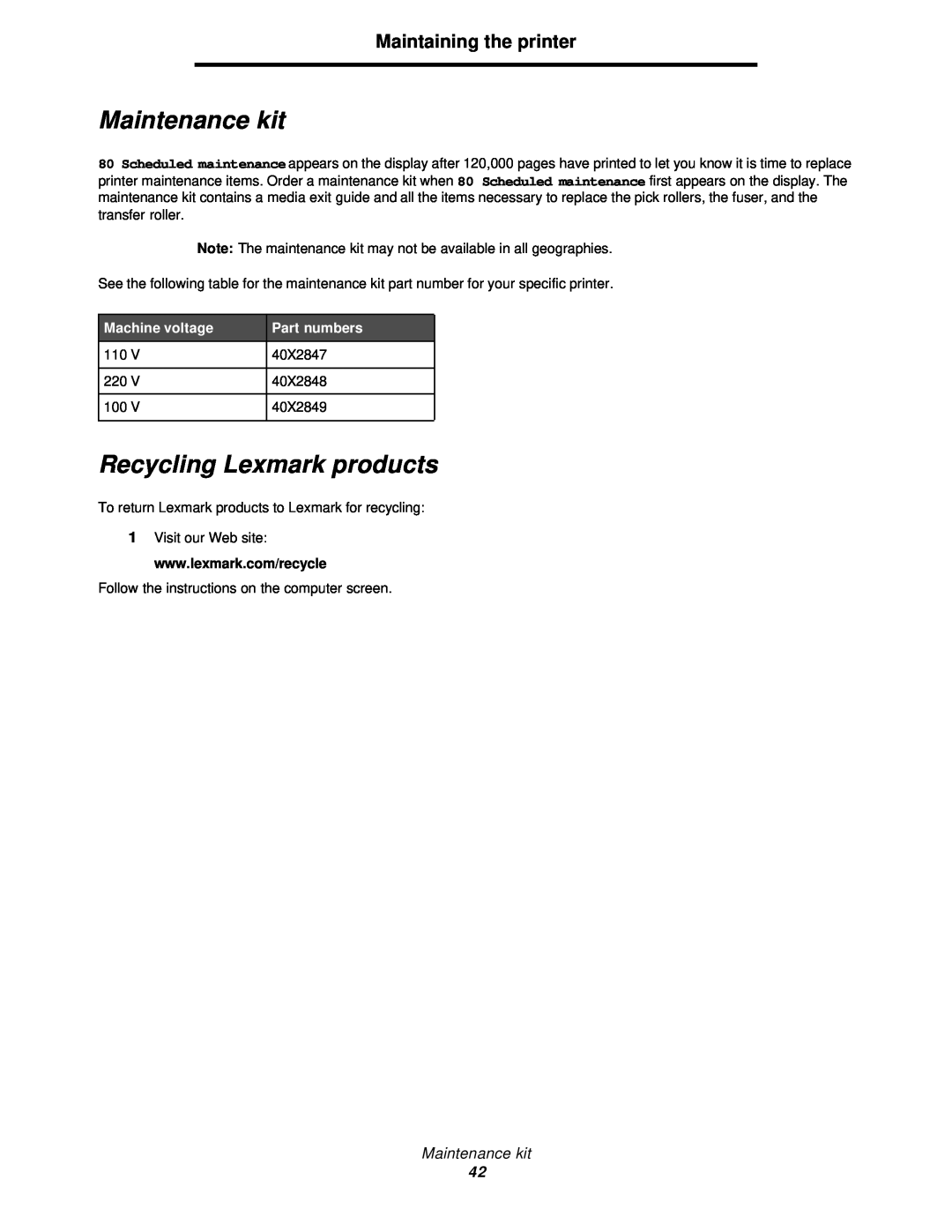 Lexmark 350d manual Maintenance kit, Recycling Lexmark products, Machine voltage, Part numbers, Maintaining the printer 