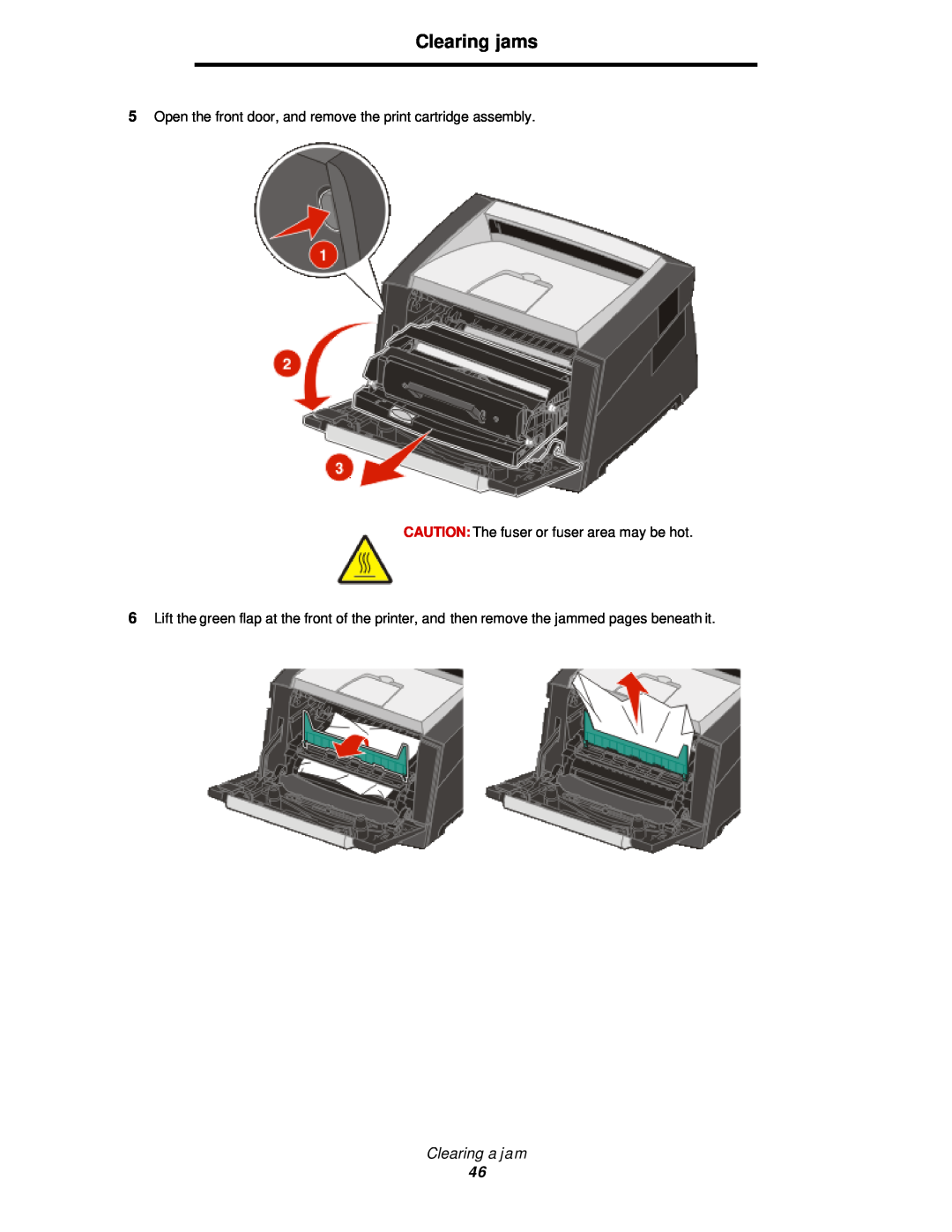 Lexmark 350d manual Clearing jams, Clearing a jam, Open the front door, and remove the print cartridge assembly 
