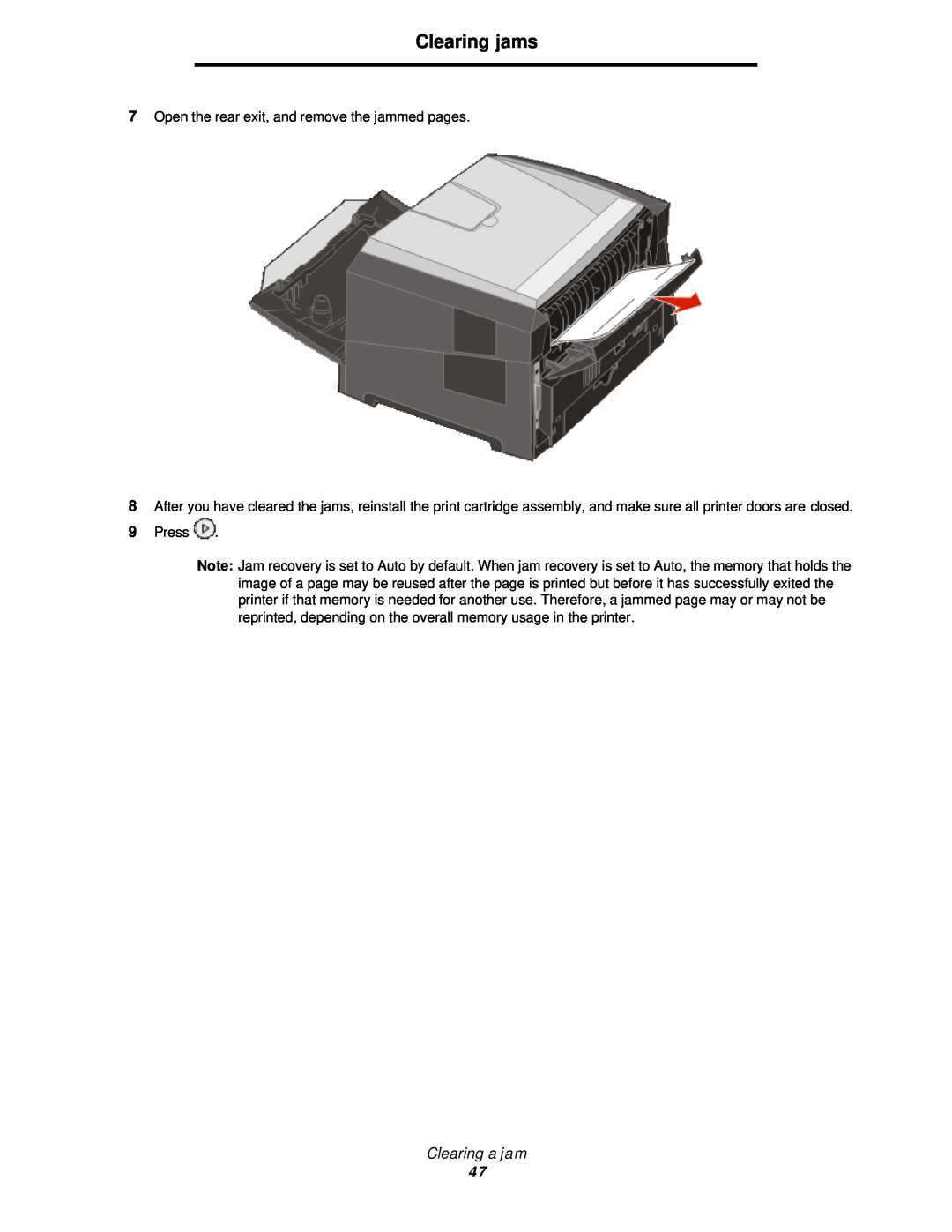 Lexmark 350d manual Clearing jams, Clearing a jam, Open the rear exit, and remove the jammed pages 