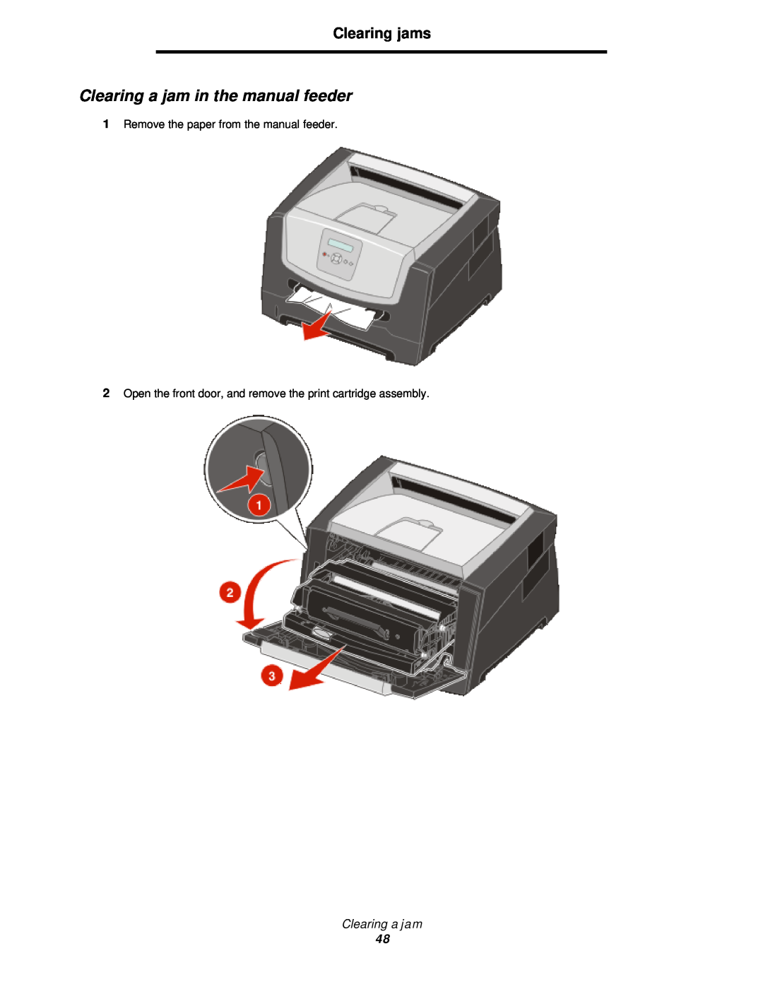 Lexmark 350d Clearing a jam in the manual feeder, Clearing jams, Remove the paper from the manual feeder 