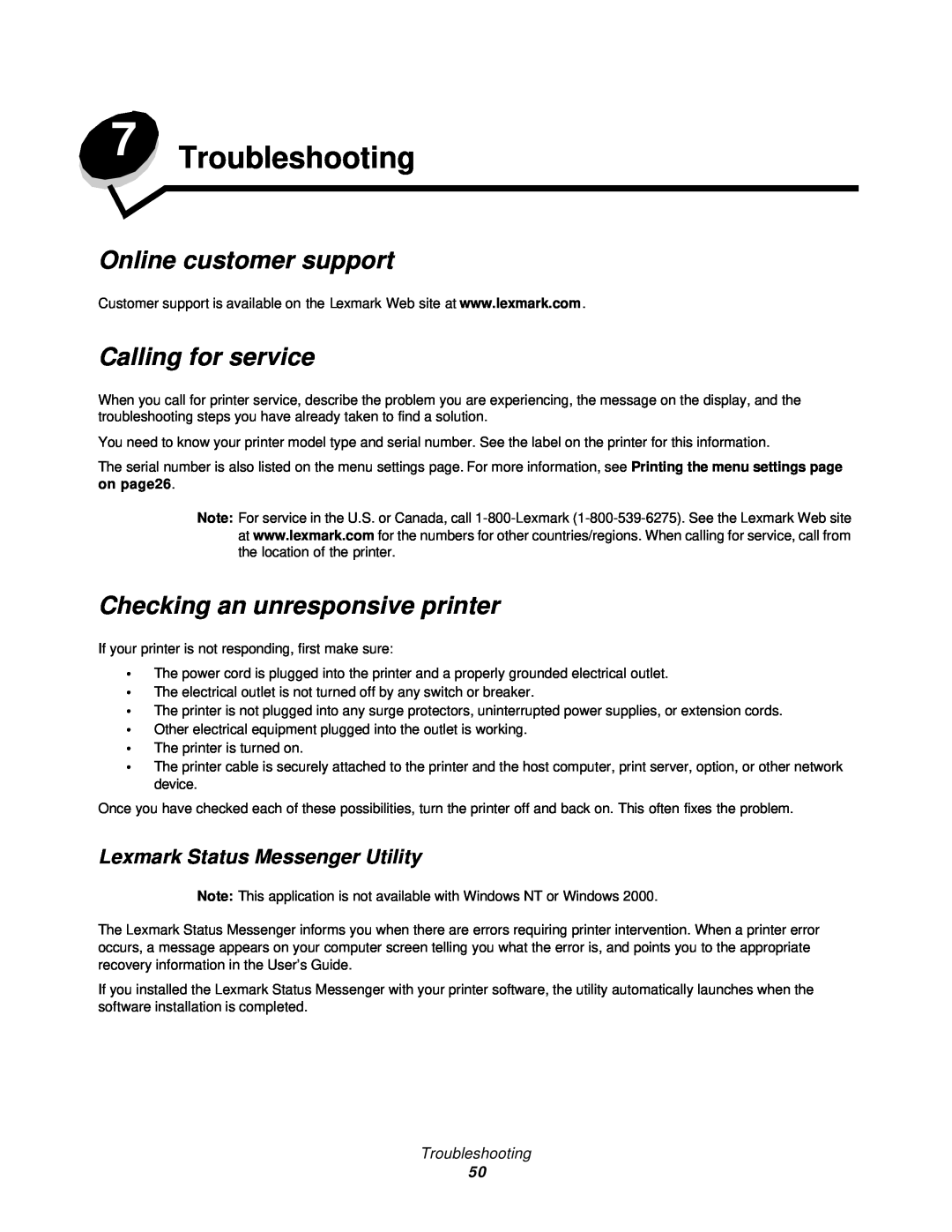 Lexmark 350d manual Troubleshooting, Online customer support, Calling for service, Checking an unresponsive printer 
