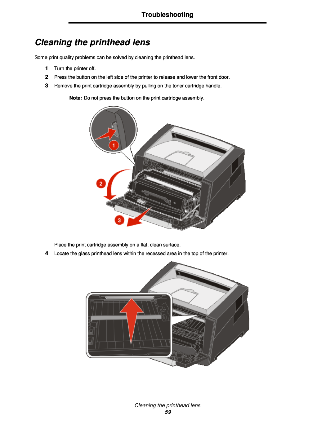 Lexmark 350d manual Cleaning the printhead lens, Troubleshooting 