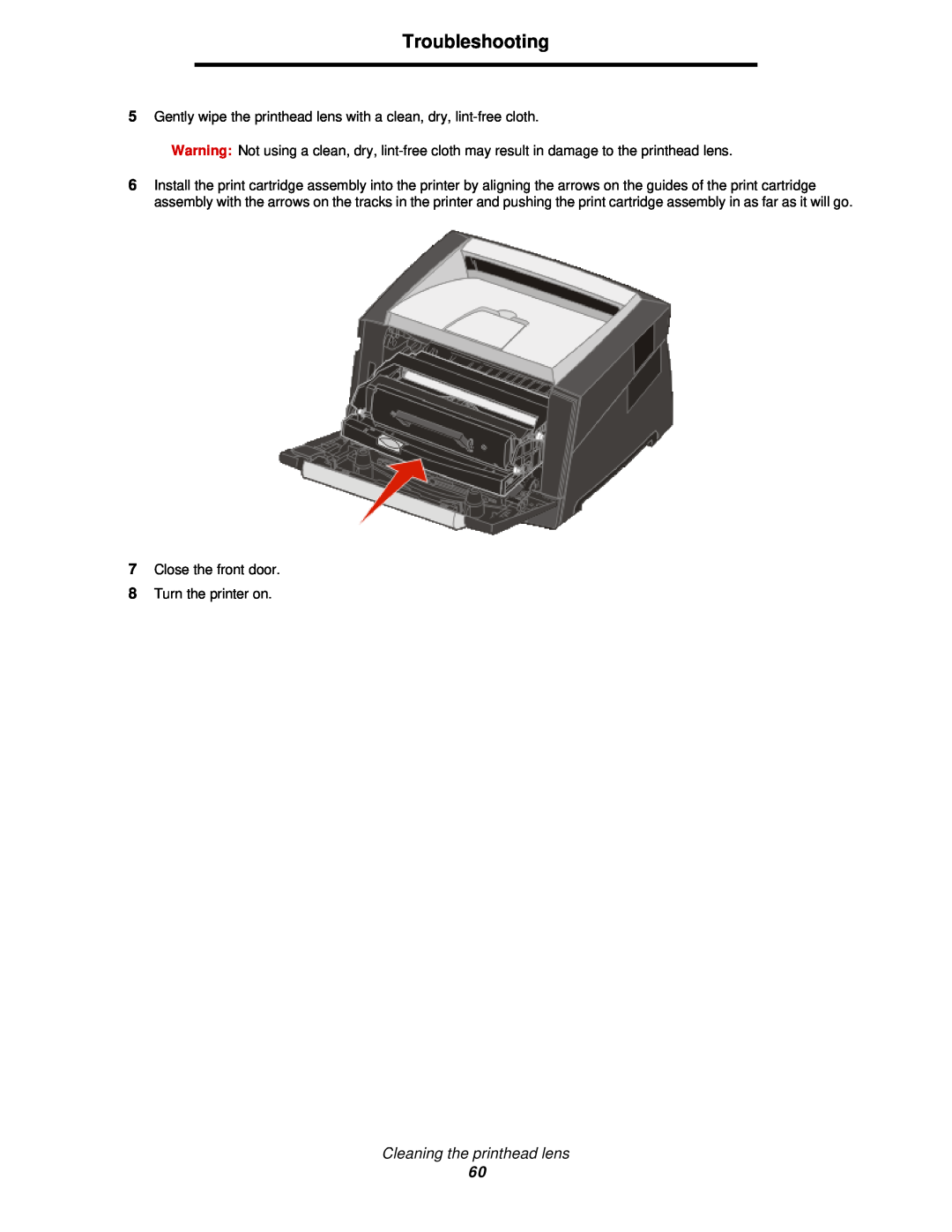 Lexmark 350d manual Troubleshooting, Cleaning the printhead lens 