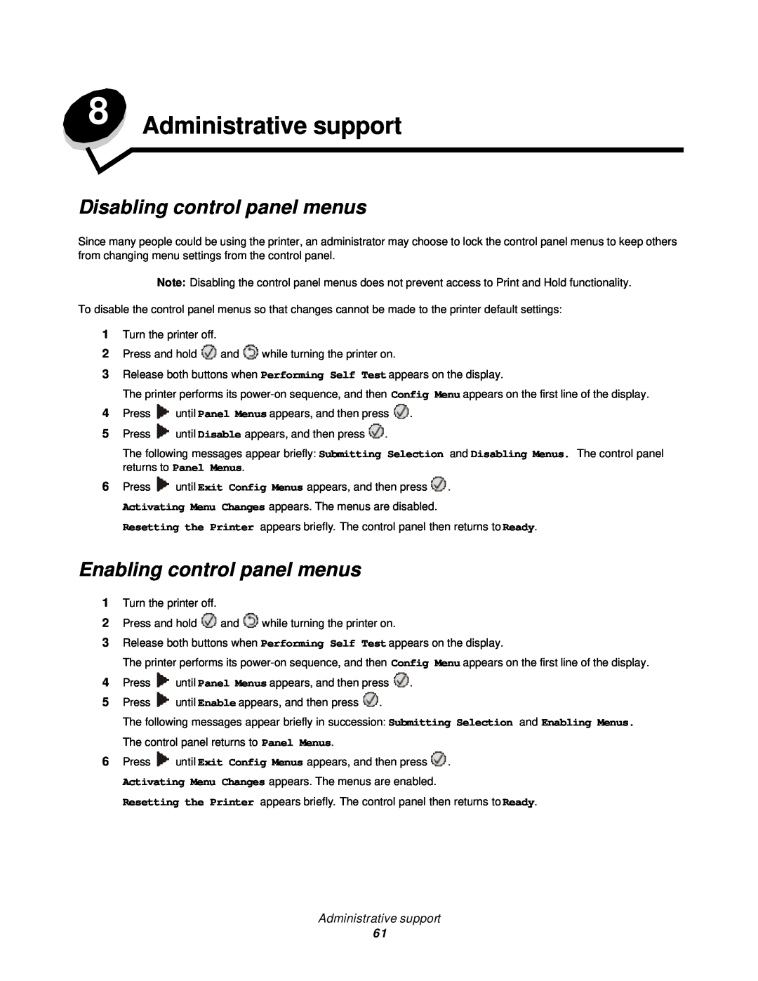 Lexmark 350d manual Administrative support, Disabling control panel menus, Enabling control panel menus 