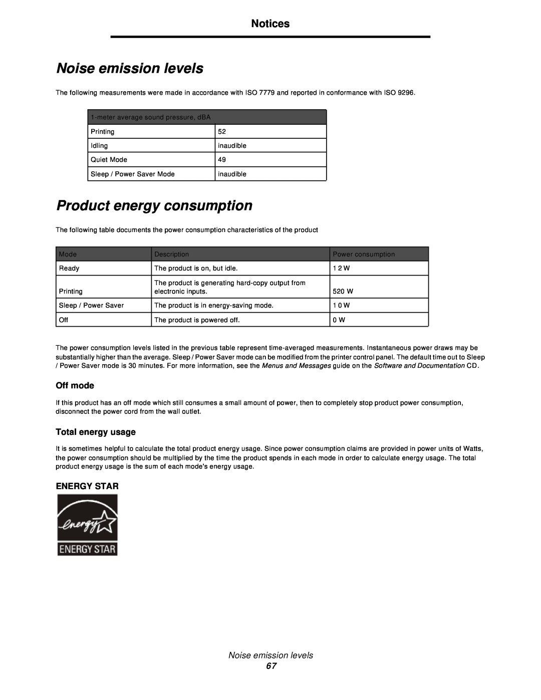Lexmark 350d manual Noise emission levels, Product energy consumption, Off mode, Total energy usage, Energy Star, Notices 