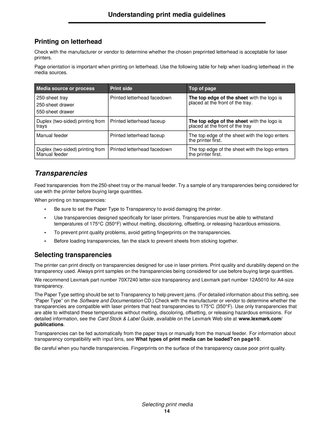 Lexmark 350d manual Transparencies, Understanding print media guidelines Printing on letterhead, Selecting transparencies 