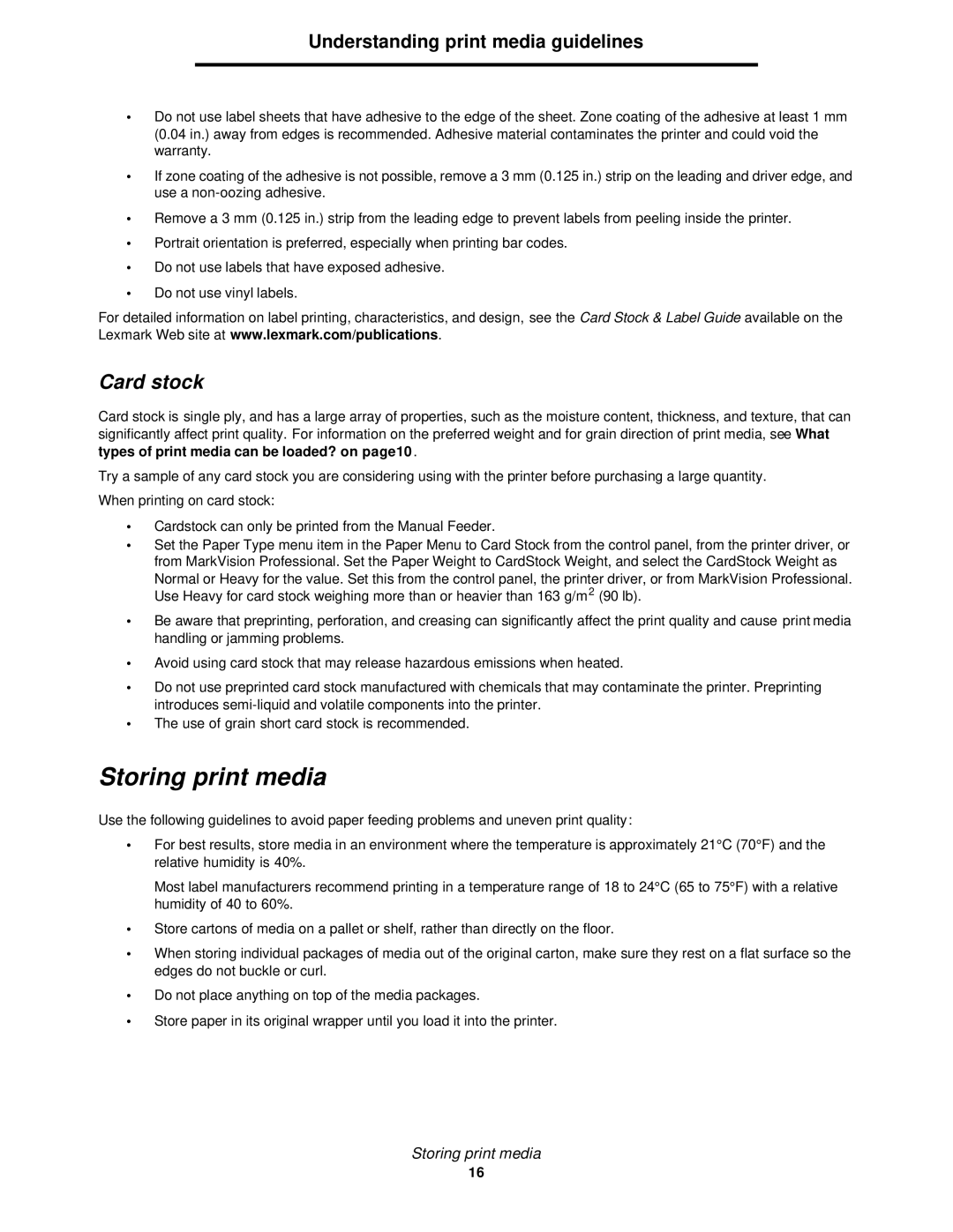 Lexmark 350d manual Storing print media, Card stock 