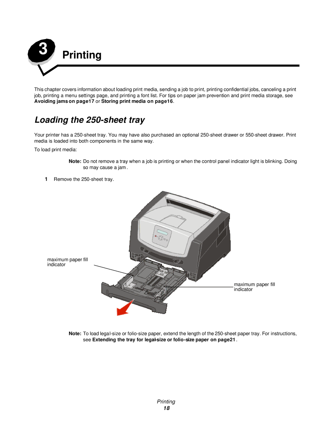 Lexmark 350d manual Printing, Loading the 250-sheet tray 