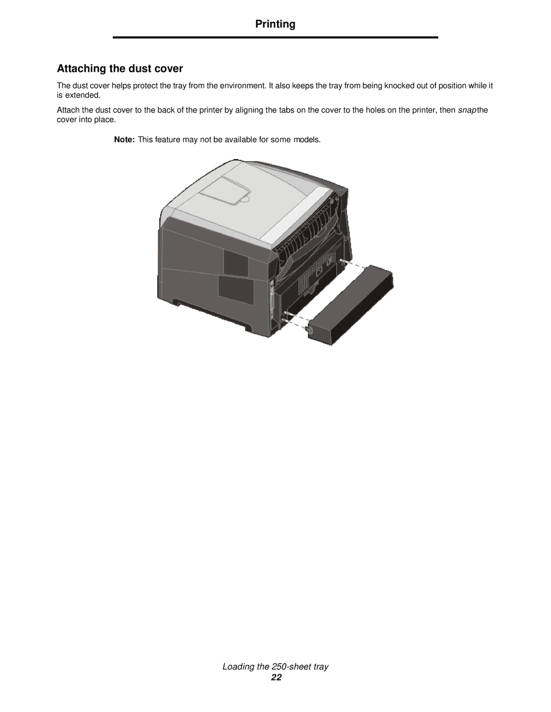 Lexmark 350d manual Printing Attaching the dust cover 