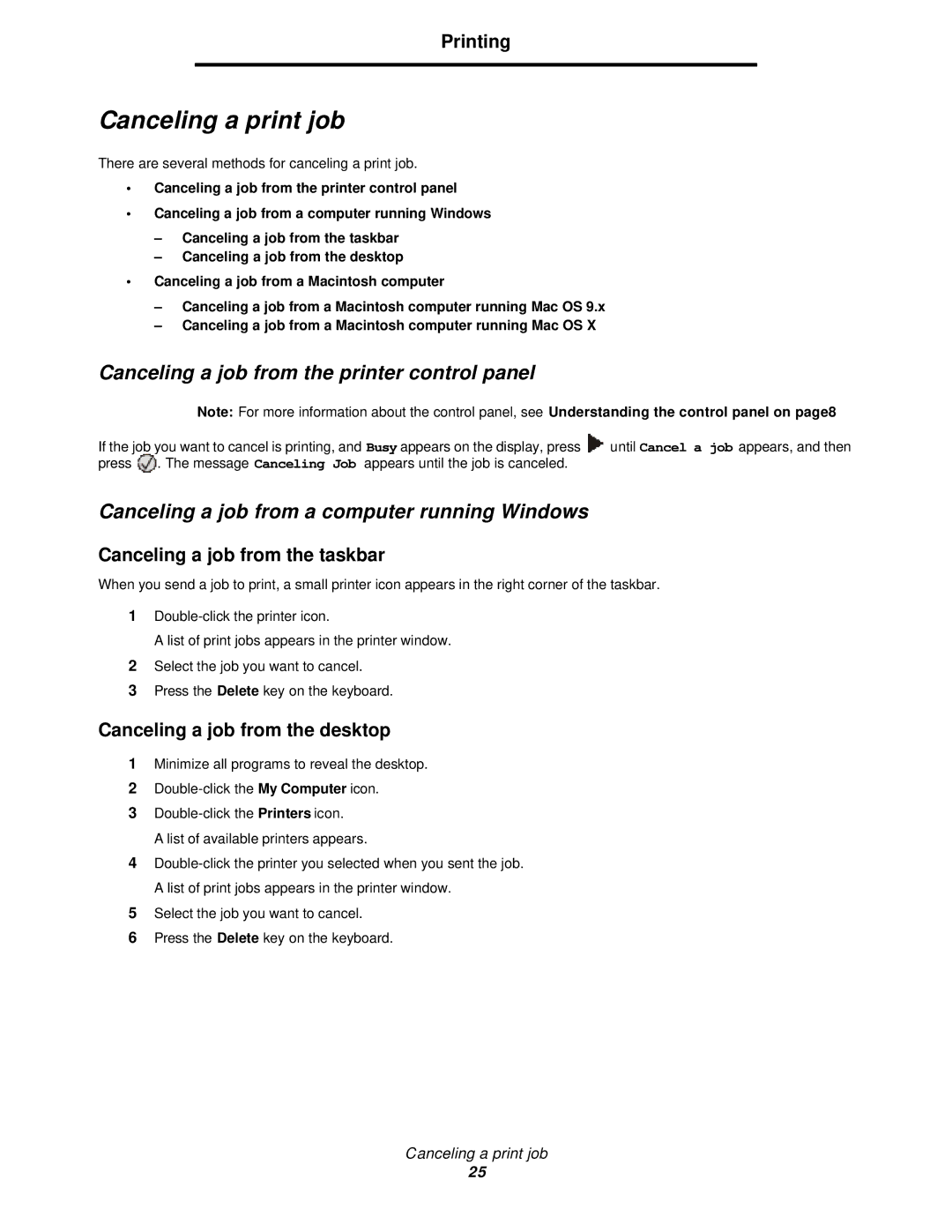 Lexmark 350d manual Canceling a print job, Canceling a job from the printer control panel, Canceling a job from the taskbar 