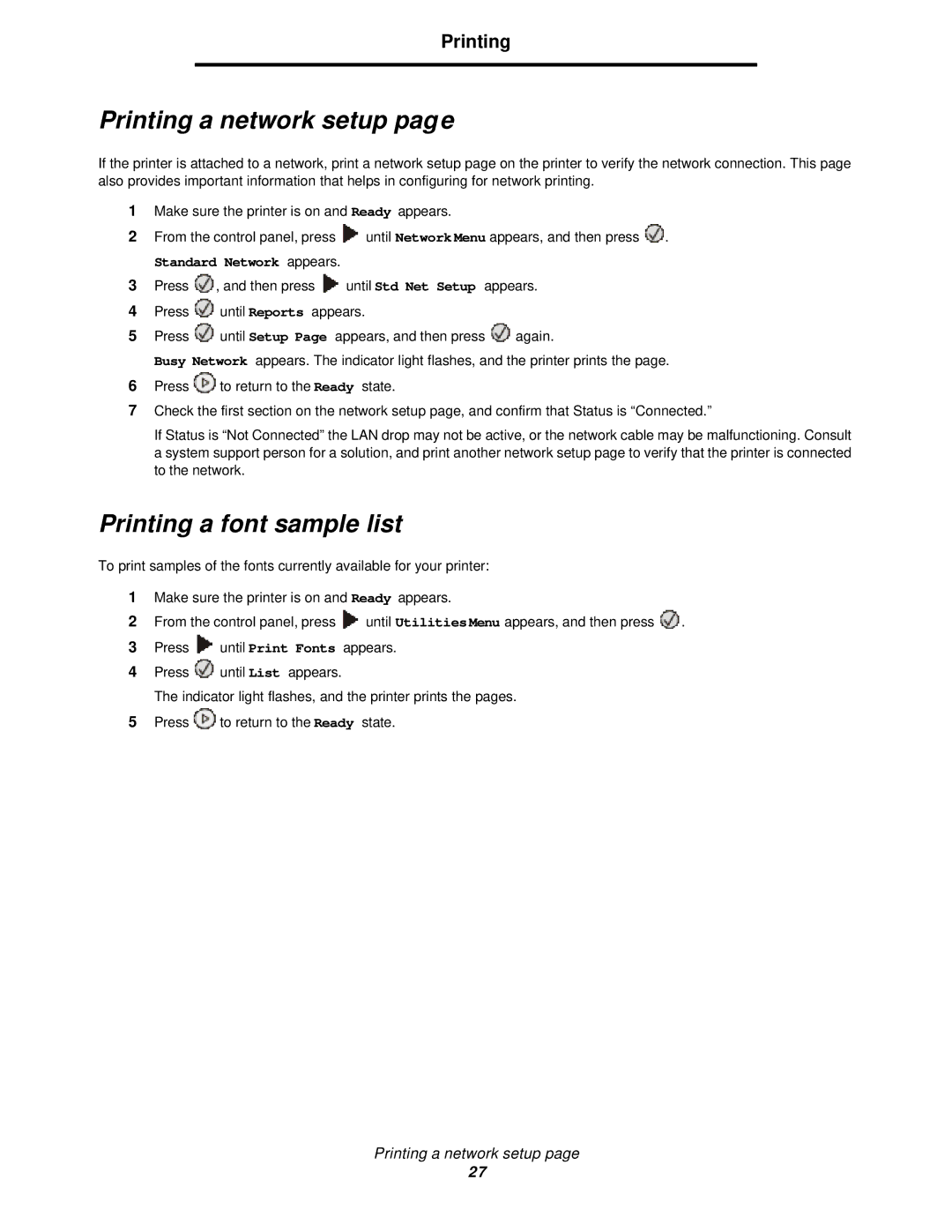 Lexmark 350d manual Printing a network setup, Printing a font sample list 