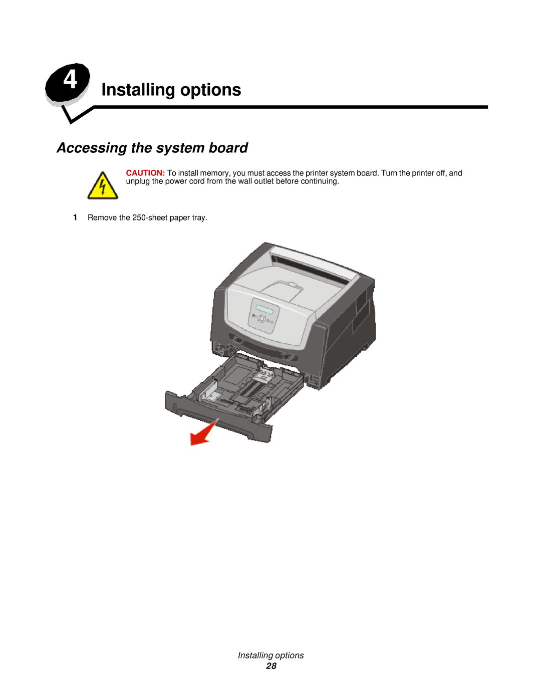 Lexmark 350d manual Installing options, Accessing the system board 