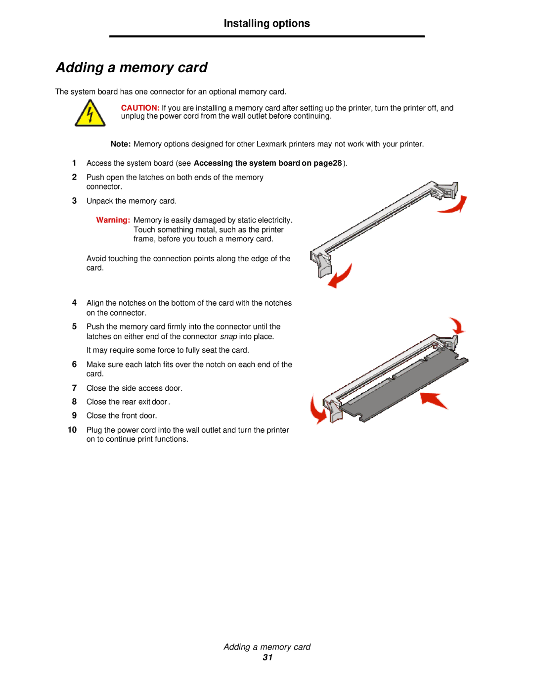 Lexmark 350d manual Adding a memory card 