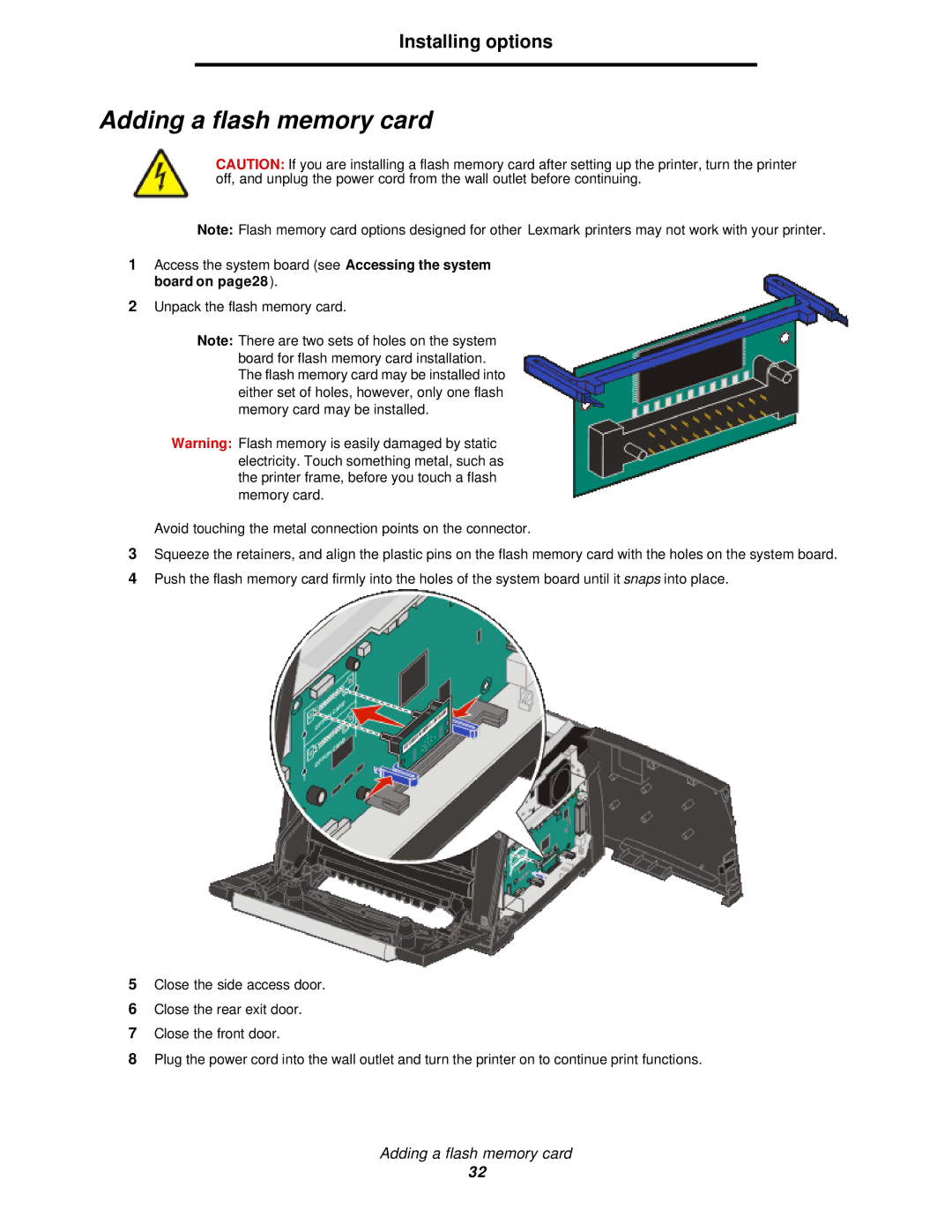 Lexmark 350d manual Adding a flash memory card 