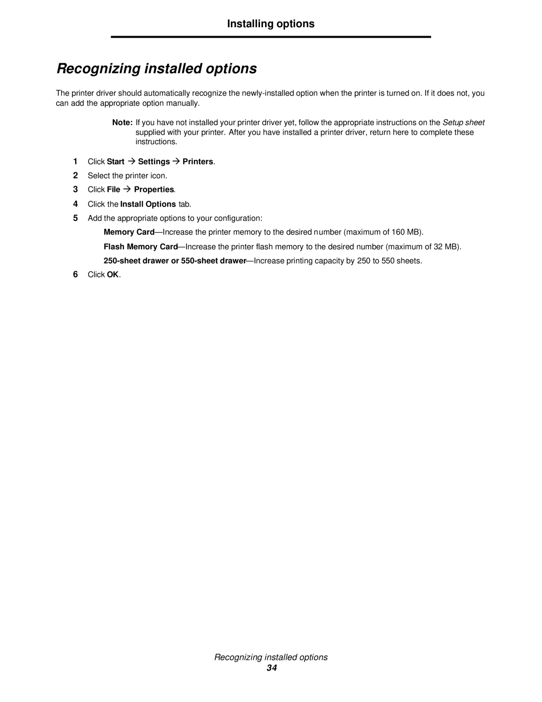 Lexmark 350d manual Recognizing installed options, Click File à Properties Click the Install Options tab 