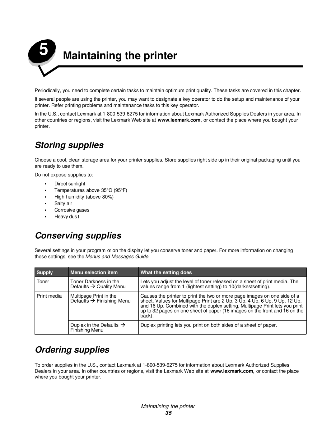 Lexmark 350d manual Maintaining the printer, Storing supplies, Conserving supplies, Ordering supplies 