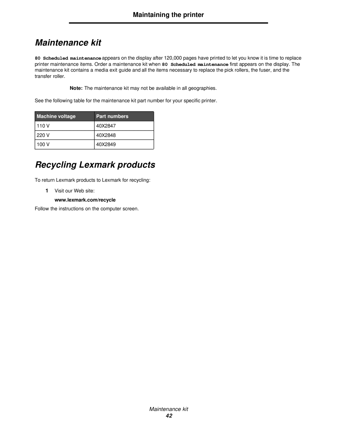 Lexmark 350d manual Maintenance kit, Recycling Lexmark products, Machine voltage, Part numbers 