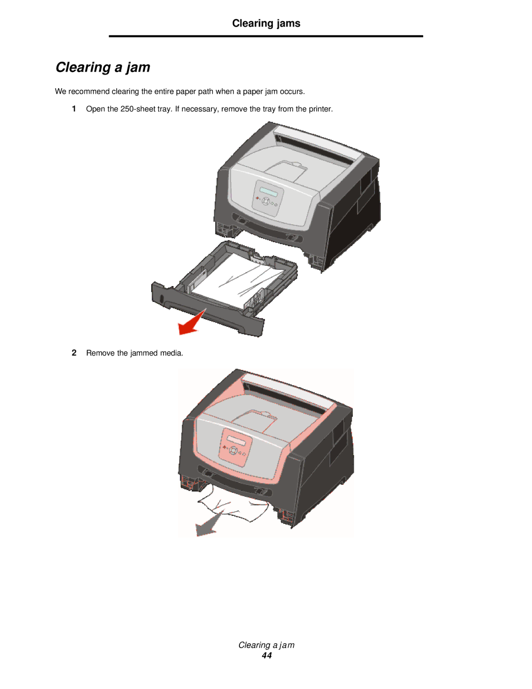 Lexmark 350d manual Clearing a jam, Clearing jams 