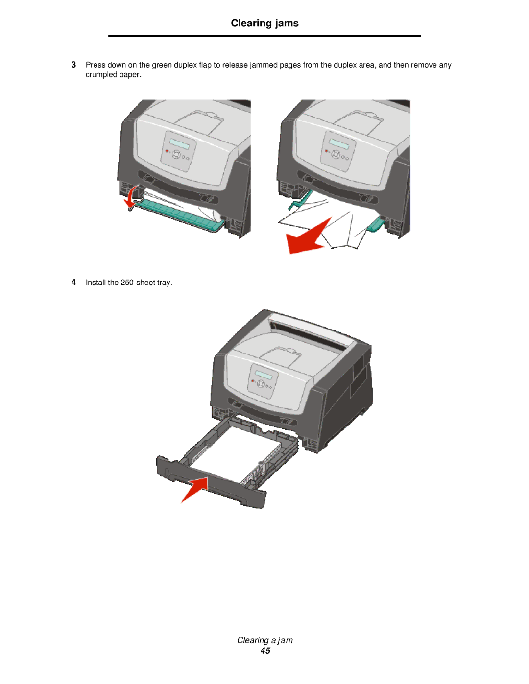 Lexmark 350d manual Clearing jams 