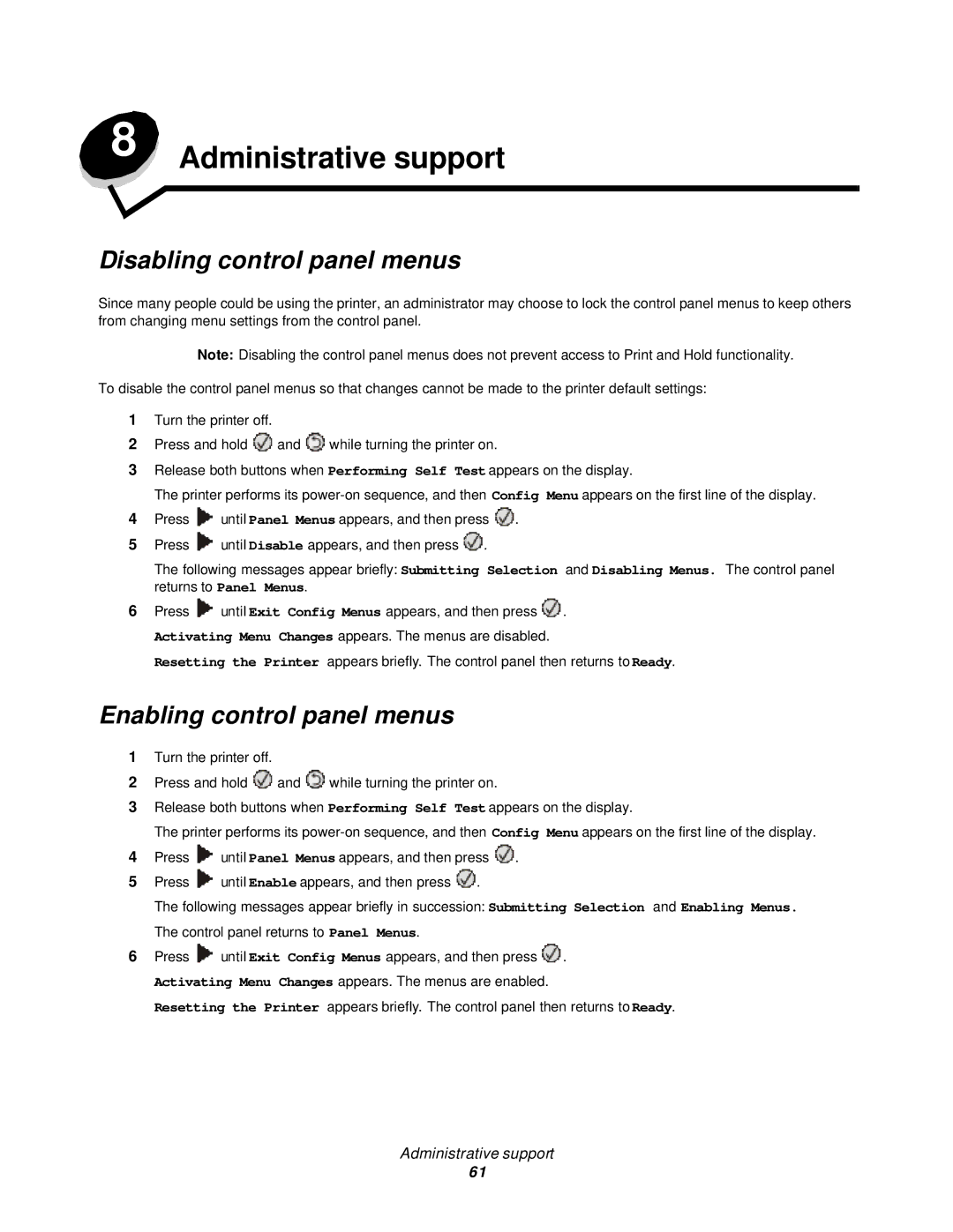 Lexmark 350d manual Administrative support, Disabling control panel menus, Enabling control panel menus 