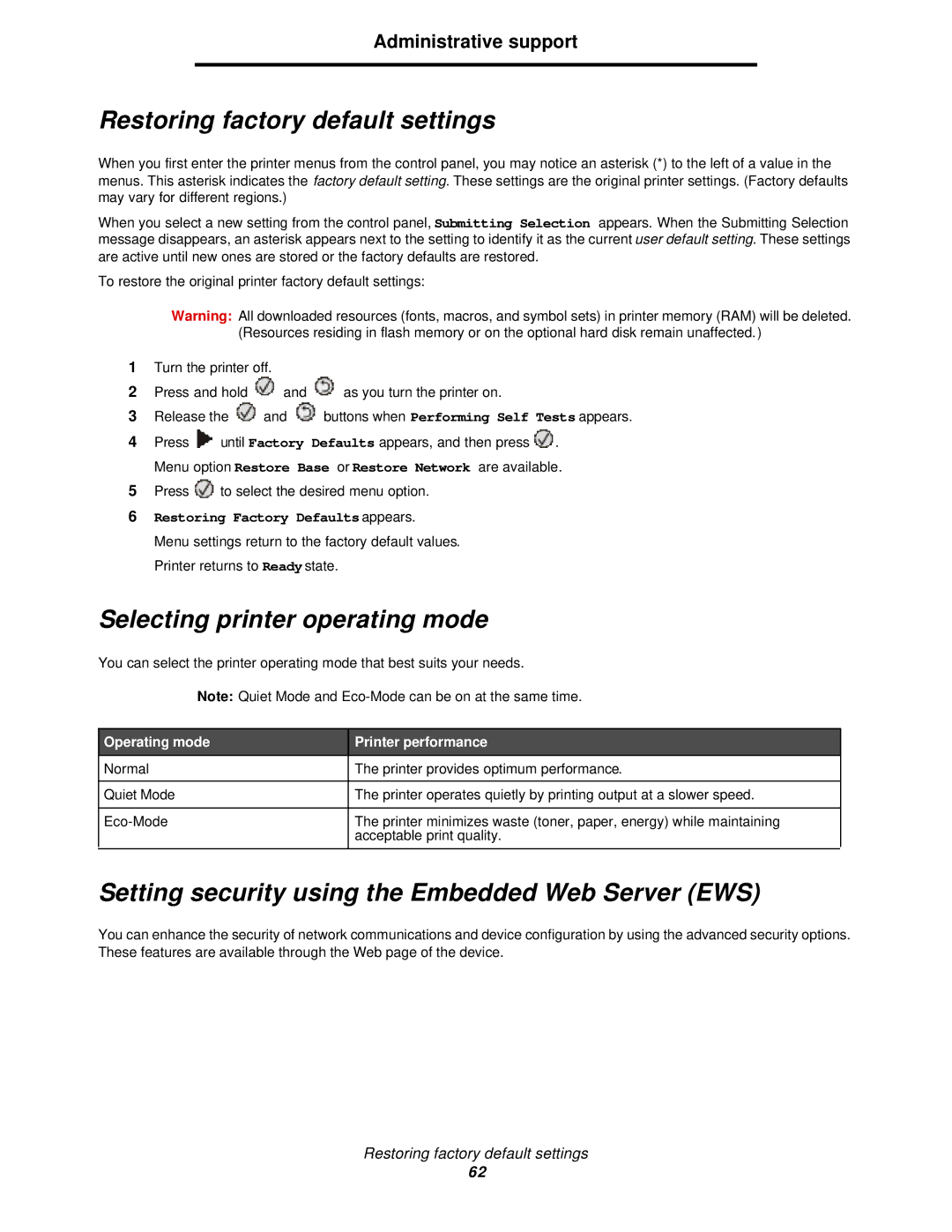 Lexmark 350d manual Restoring factory default settings, Selecting printer operating mode, Administrative support 