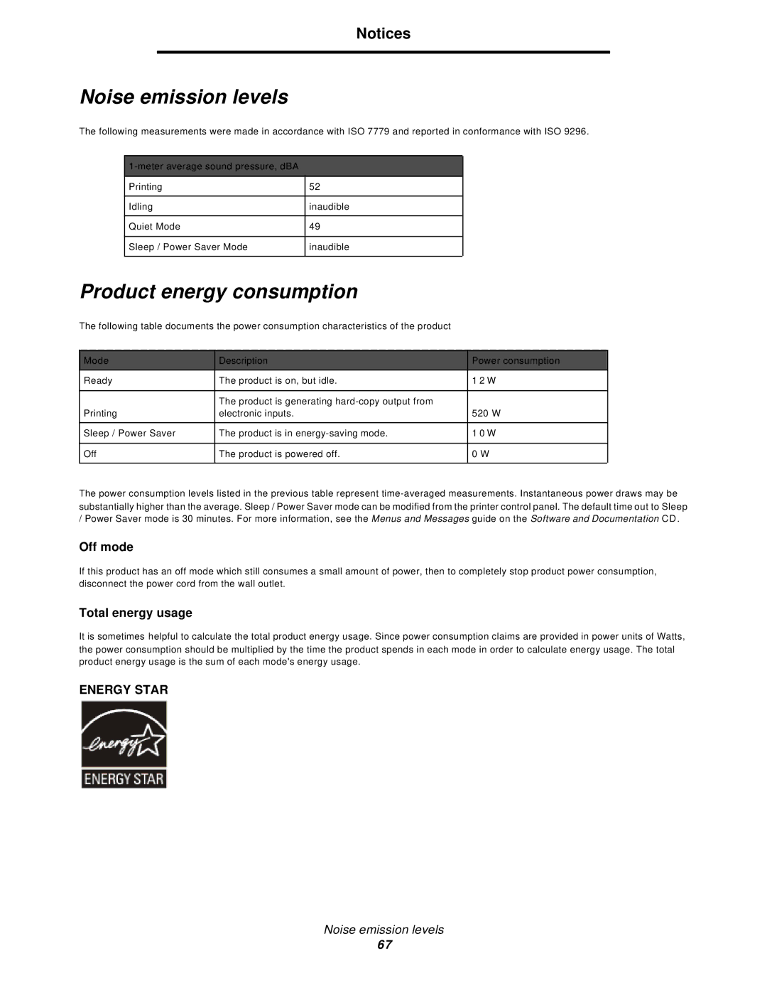 Lexmark 350d manual Noise emission levels, Product energy consumption 