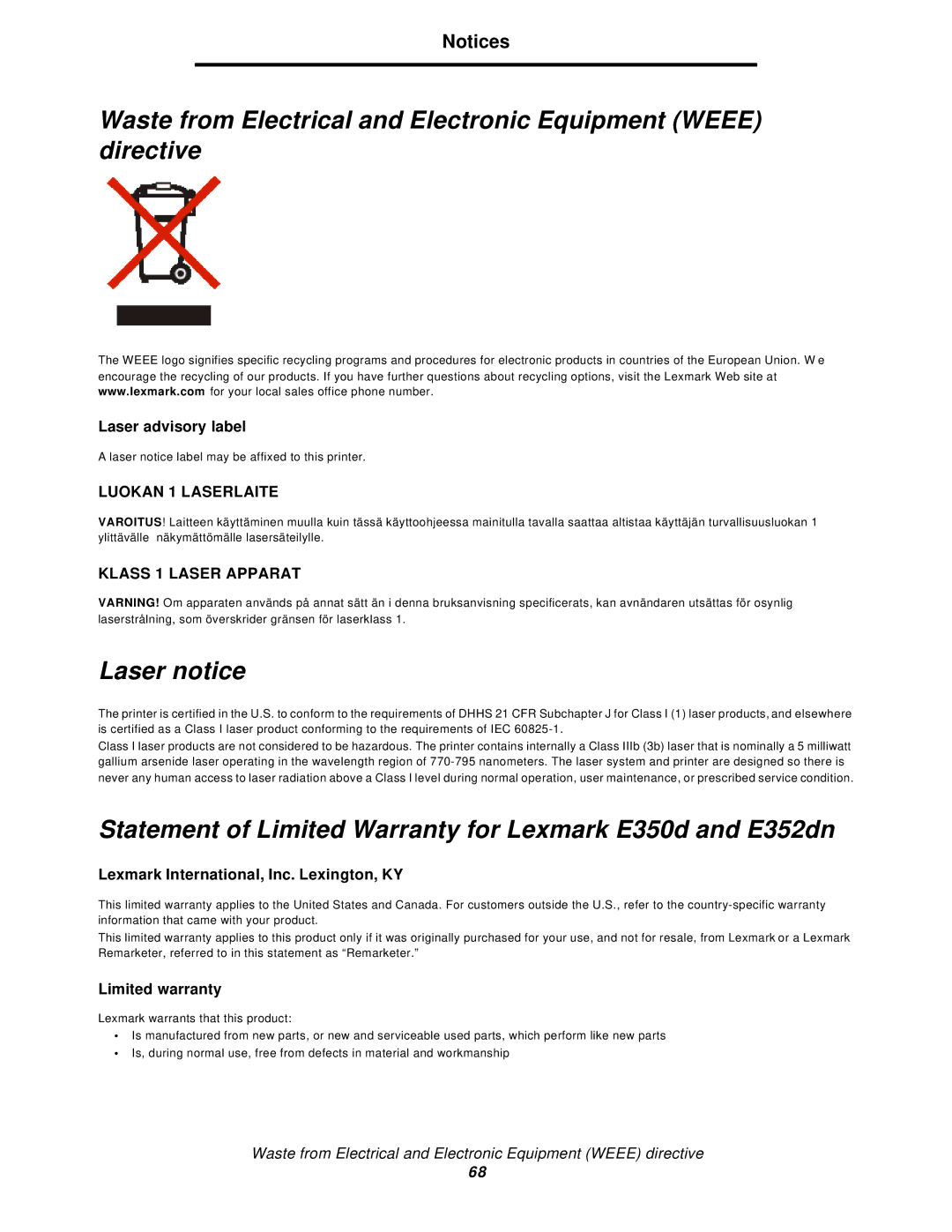 Lexmark manual Laser notice, Statement of Limited Warranty for Lexmark E350d and E352dn 