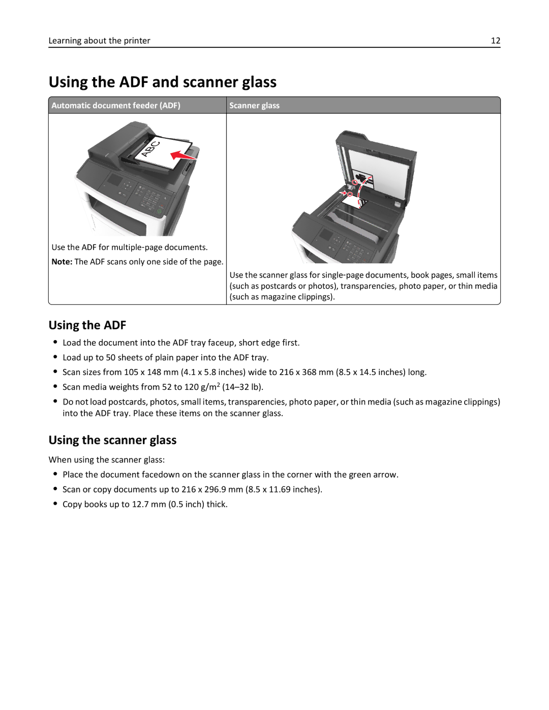 Lexmark 35S5700, 270 Using the ADF and scanner glass, Using the scanner glass, Automatic document feeder ADF Scanner glass 