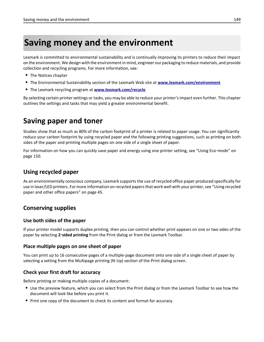 Lexmark 35S3389, 270 Saving money and the environment, Saving paper and toner, Using recycled paper, Conserving supplies 