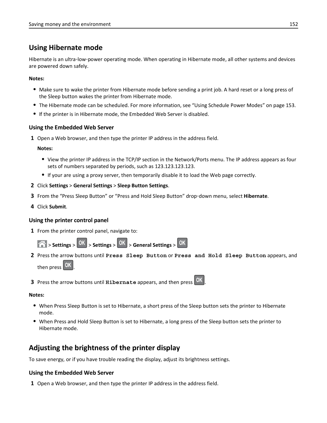 Lexmark 35S5700 Using Hibernate mode, Adjusting the brightness of the printer display, Settings Settings General Settings 