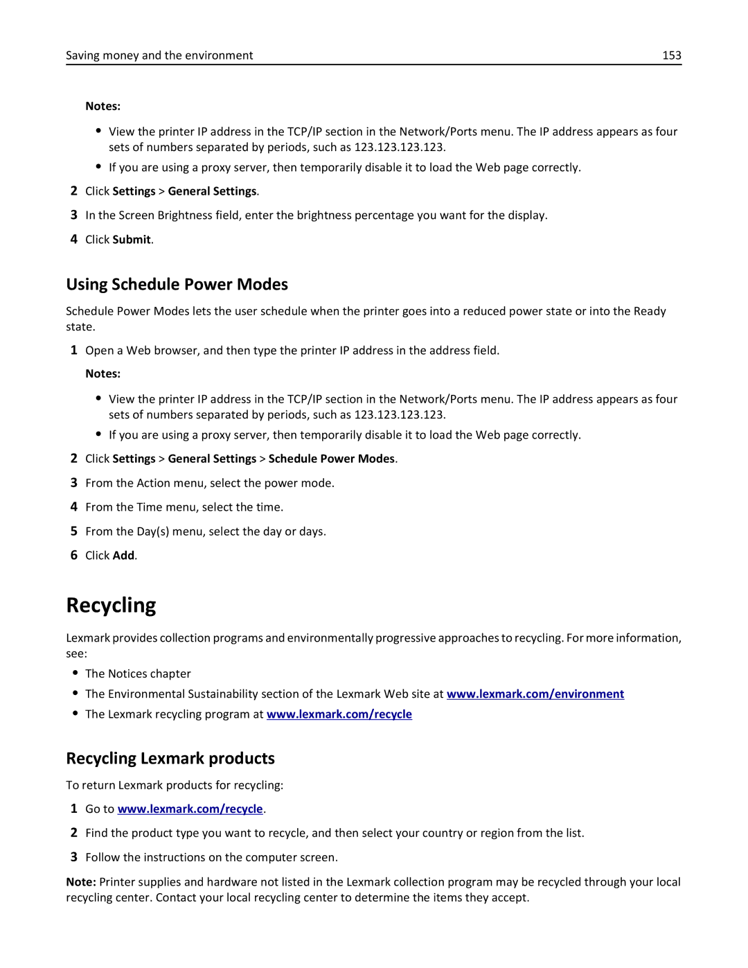 Lexmark 35S3389, 35S5700, 270 Using Schedule Power Modes, Recycling Lexmark products, Click Settings General Settings 