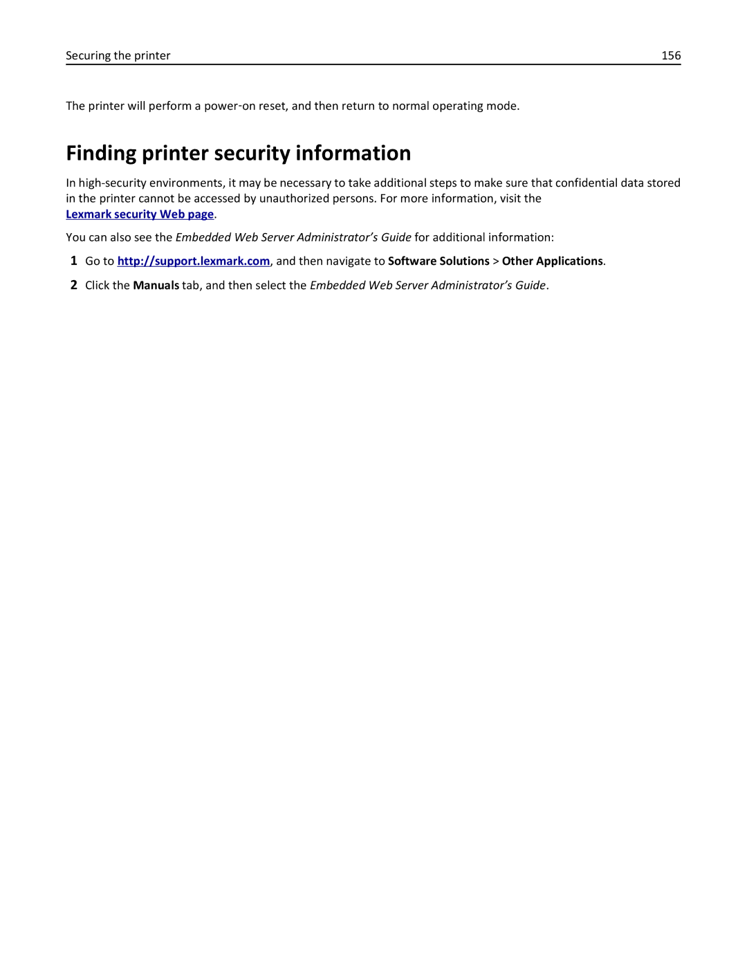 Lexmark 35S5700, 35S3389, 270, MX310DN manual Finding printer security information, Lexmark security Web 