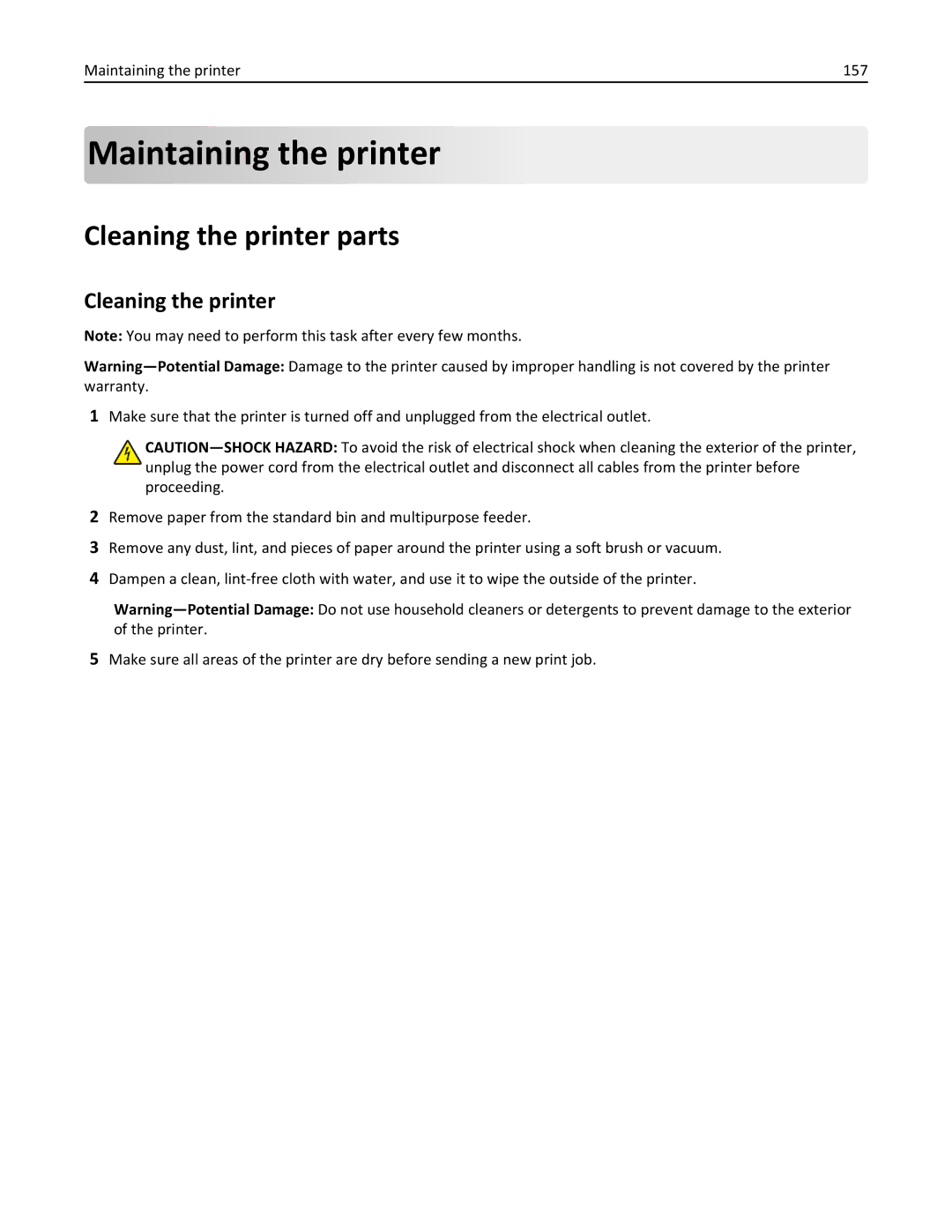 Lexmark 35S3389, 35S5700, 270, MX310DN manual Cleaning the printer parts, Maintaining the printer 157 