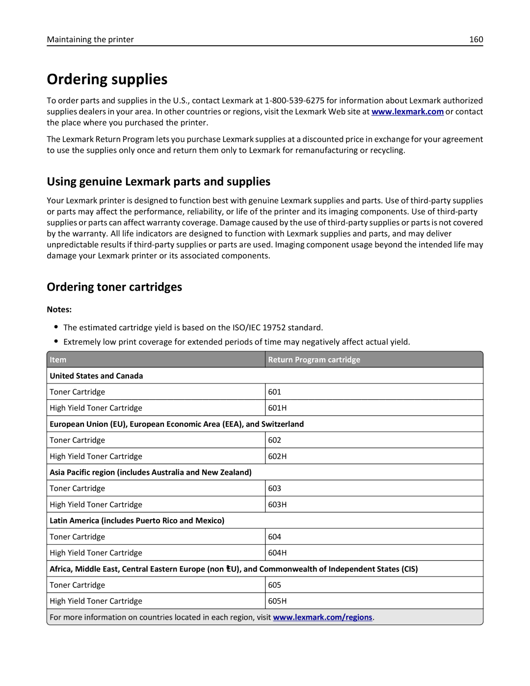 Lexmark 35S5700, 35S3389, 270 manual Ordering supplies, Using genuine Lexmark parts and supplies, Ordering toner cartridges 