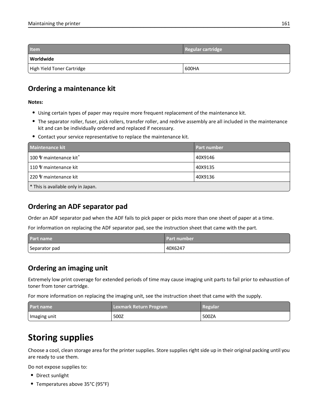 Lexmark 35S3389, 270 Storing supplies, Ordering a maintenance kit, Ordering an ADF separator pad, Ordering an imaging unit 