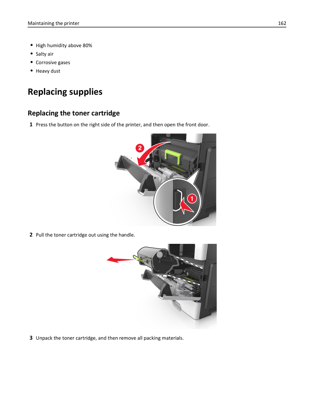 Lexmark 270, 35S5700, 35S3389, MX310DN manual Replacing supplies, Replacing the toner cartridge 