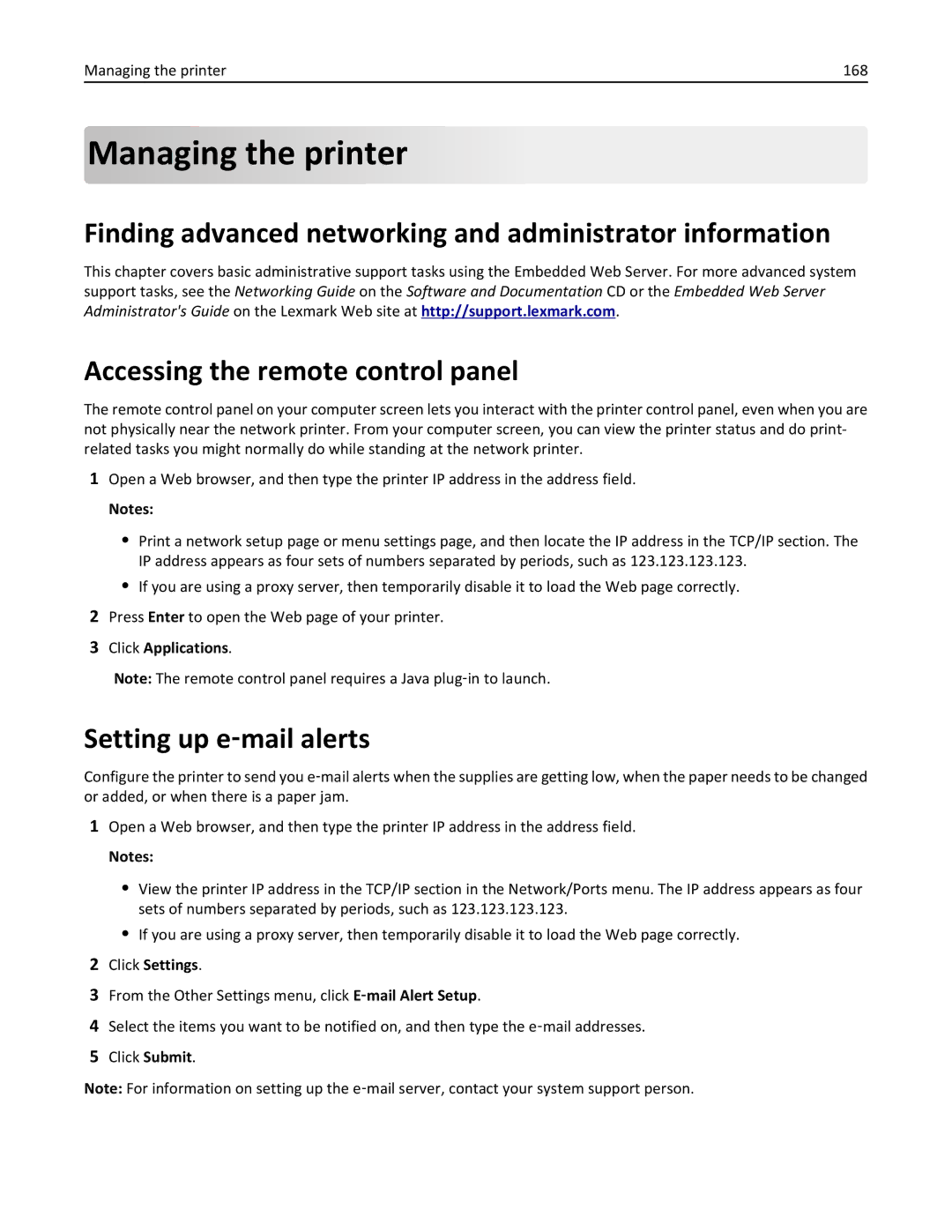 Lexmark 35S5700 Managing the printer, Finding advanced networking and administrator information, Setting up e‑mail alerts 