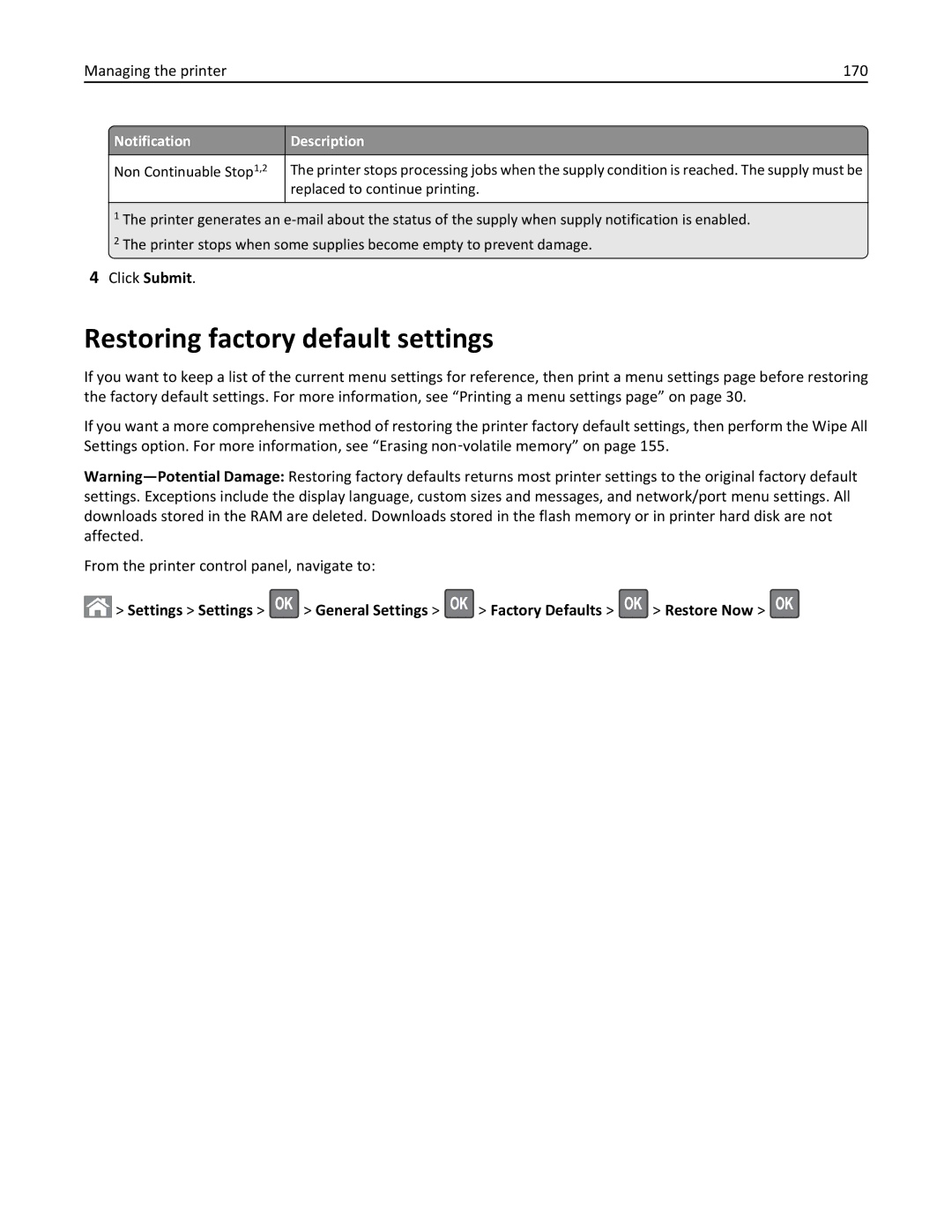 Lexmark 270, 35S5700, 35S3389, MX310DN Restoring factory default settings, Notification Description Non Continuable Stop1,2 