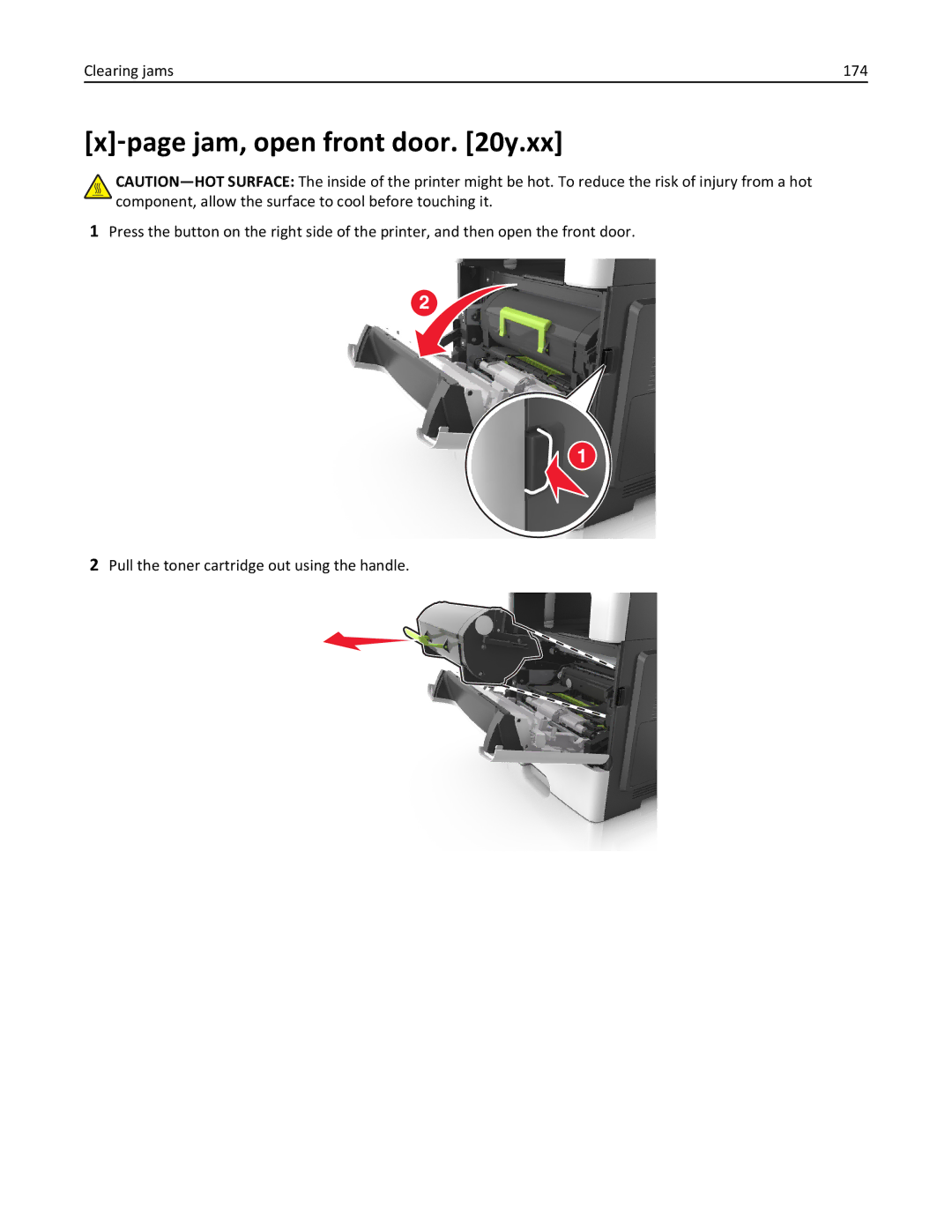 Lexmark 270, 35S5700, 35S3389, MX310DN manual ‑page jam, open front door y.xx, Clearing jams 174 