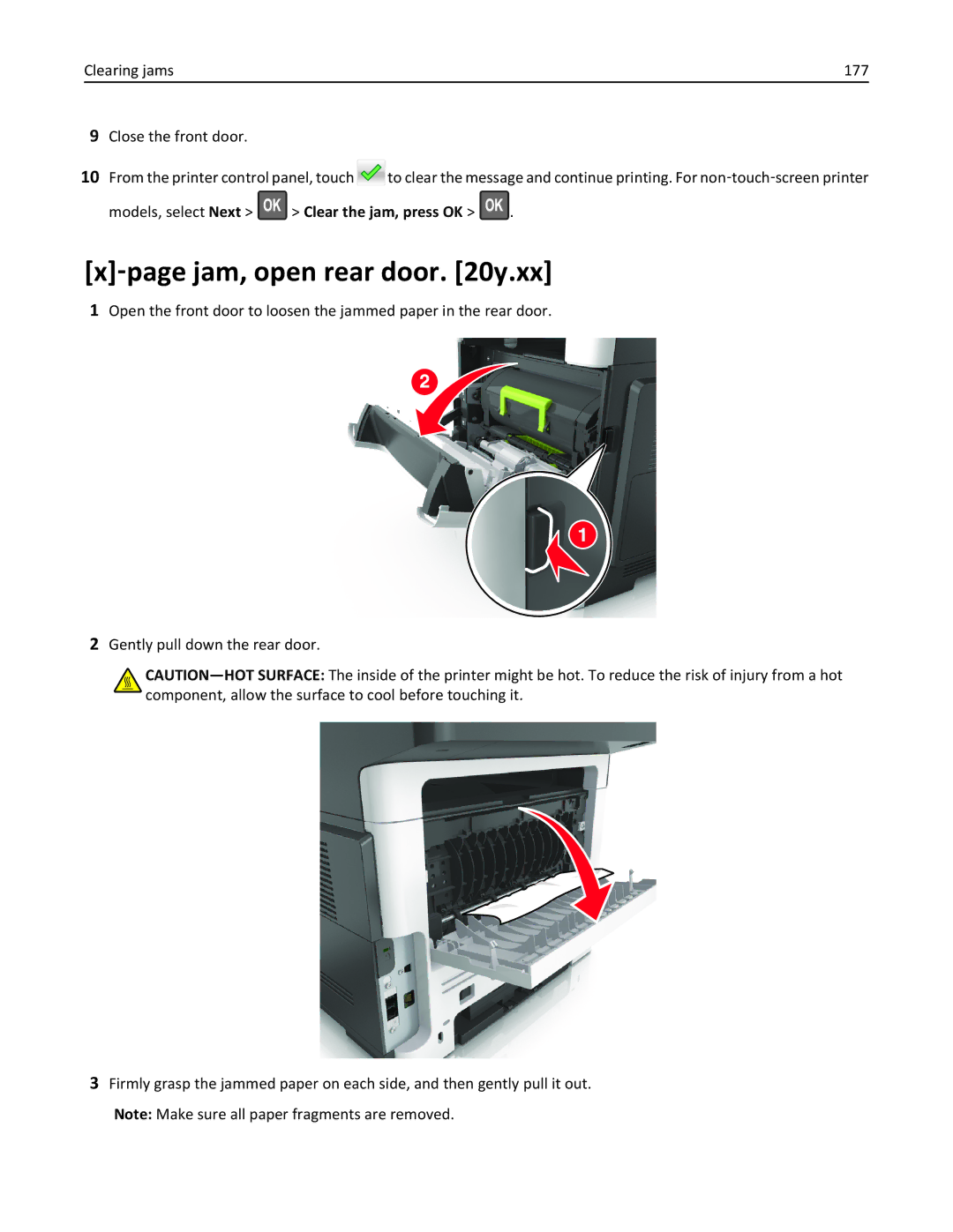 Lexmark 35S3389, 35S5700, 270, MX310DN manual ‑page jam, open rear door y.xx, Models, select Next Clear the jam, press OK 