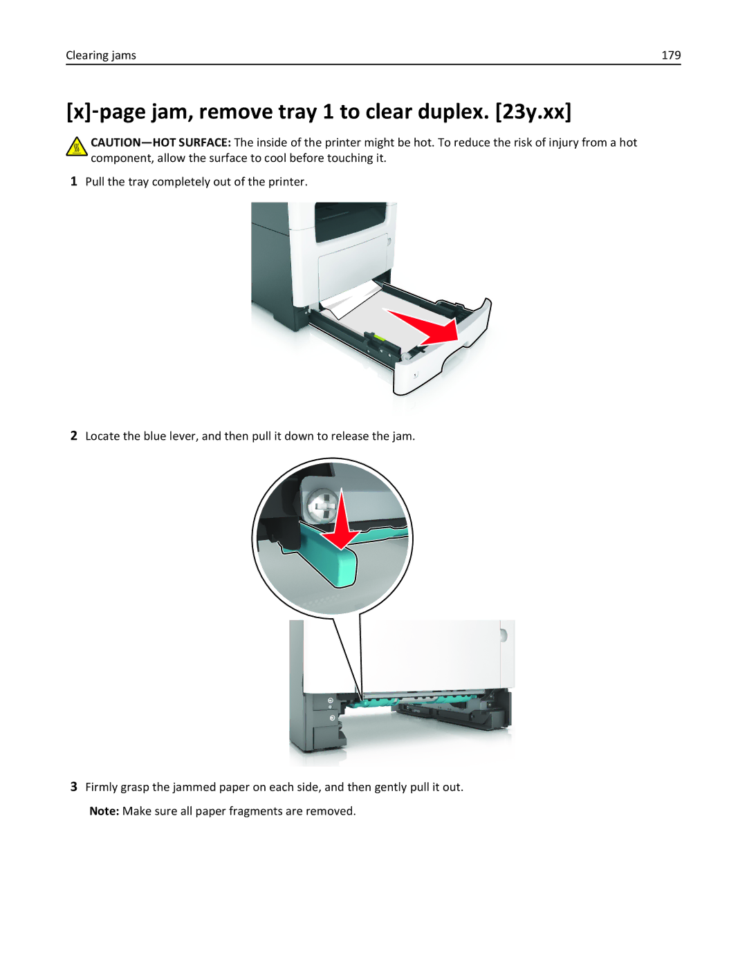 Lexmark MX310DN, 35S5700, 35S3389, 270 manual ‑page jam, remove tray 1 to clear duplex y.xx, Clearing jams 179 