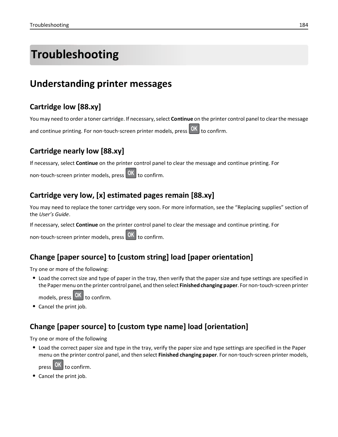 Lexmark 35S5700, 35S3389, 270, MX310DN manual Troubleshooting, Understanding printer messages 