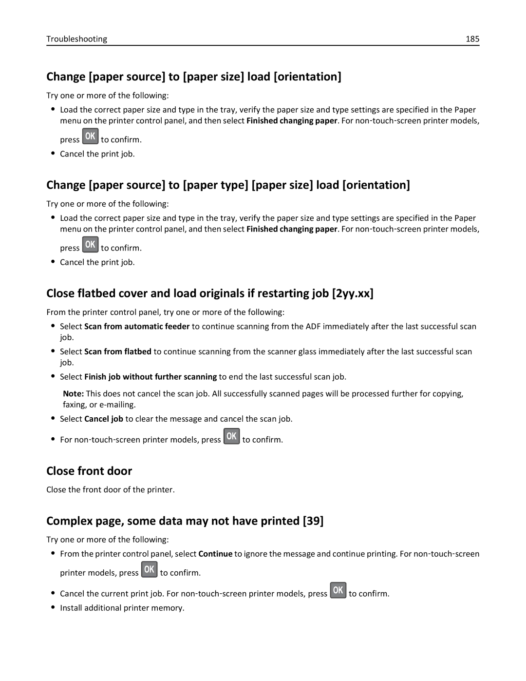 Lexmark 35S3389, 35S5700, 270 Change paper source to paper size load orientation, Close front door, Troubleshooting 185 