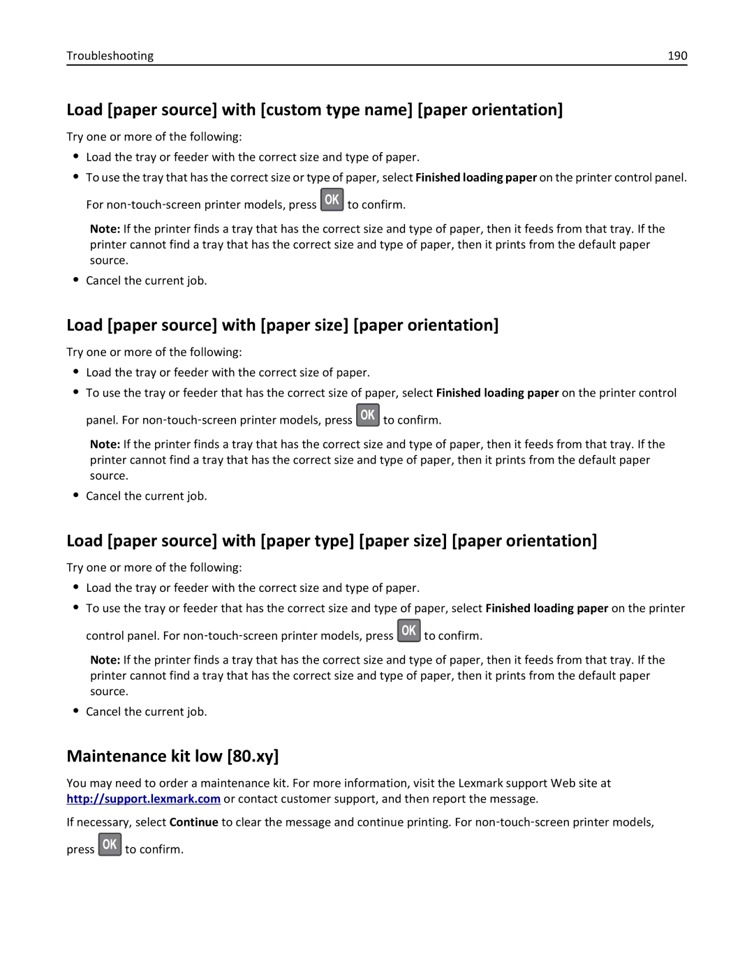 Lexmark 270 Load paper source with custom type name paper orientation, Load paper source with paper size paper orientation 