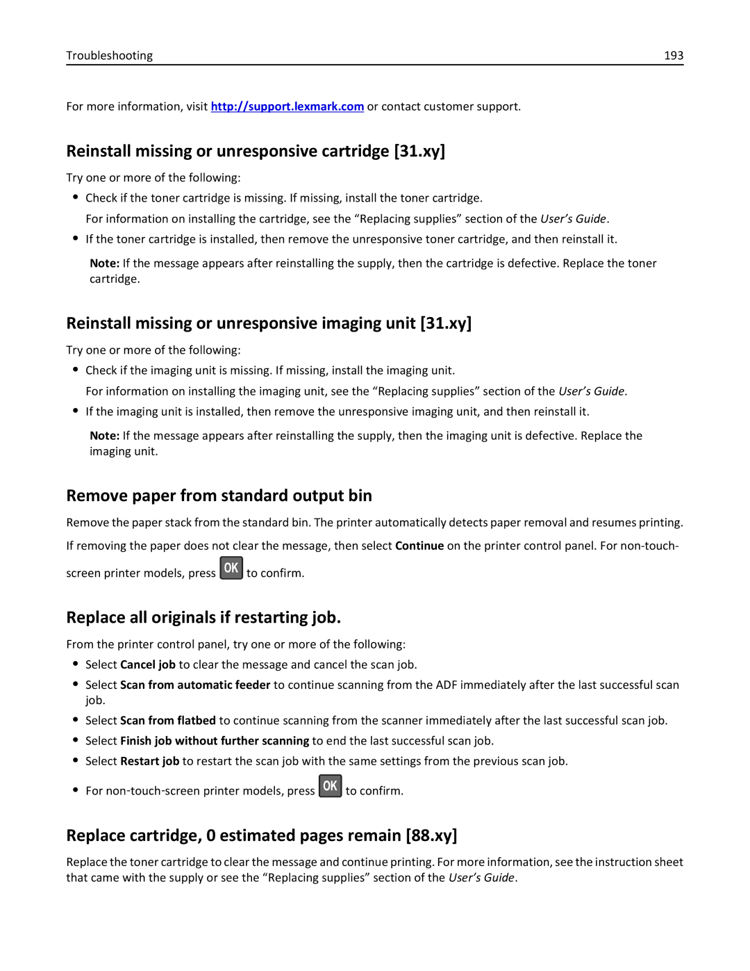 Lexmark 35S3389 Reinstall missing or unresponsive cartridge 31.xy, Reinstall missing or unresponsive imaging unit 31.xy 