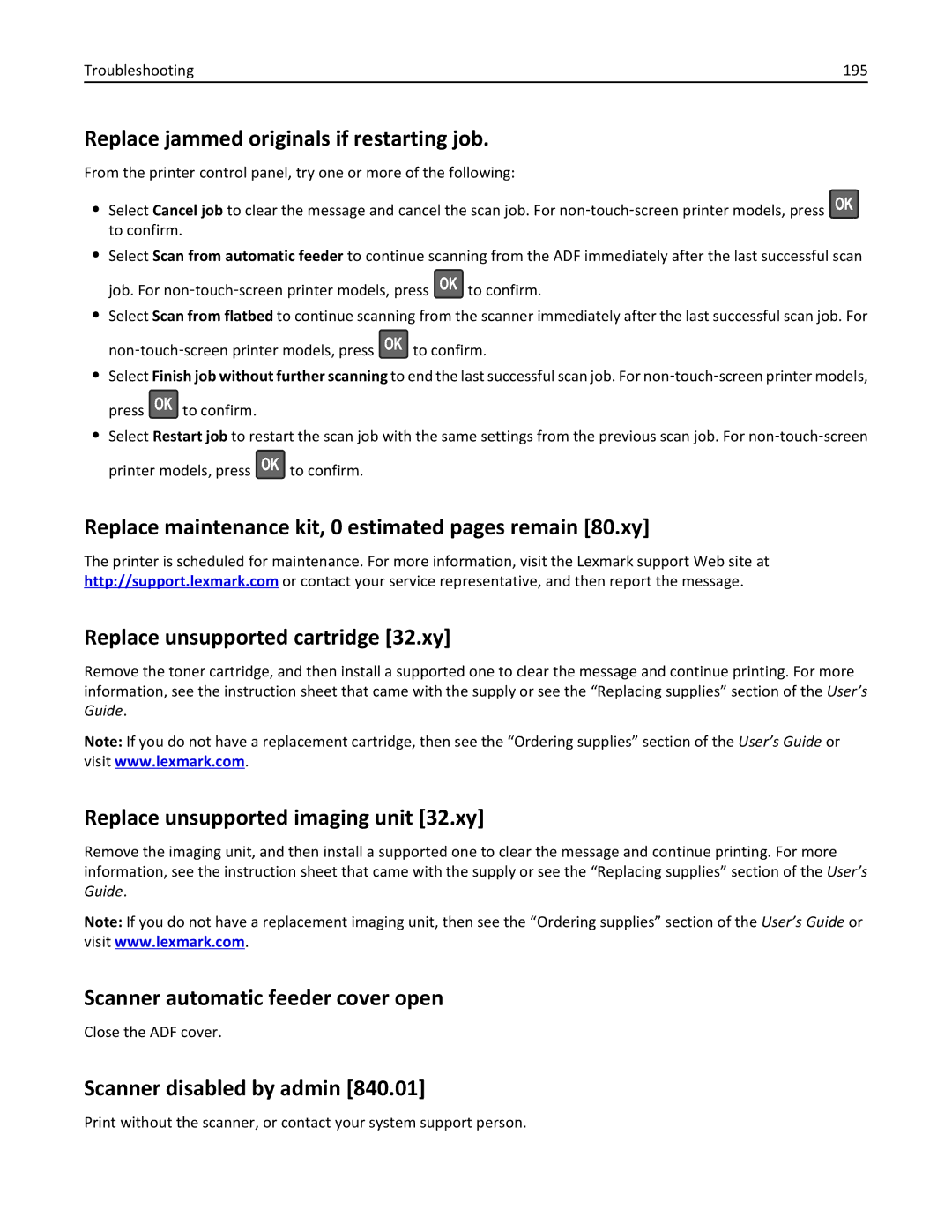 Lexmark MX310DN Replace jammed originals if restarting job, Replace unsupported imaging unit 32.xy, Troubleshooting 195 