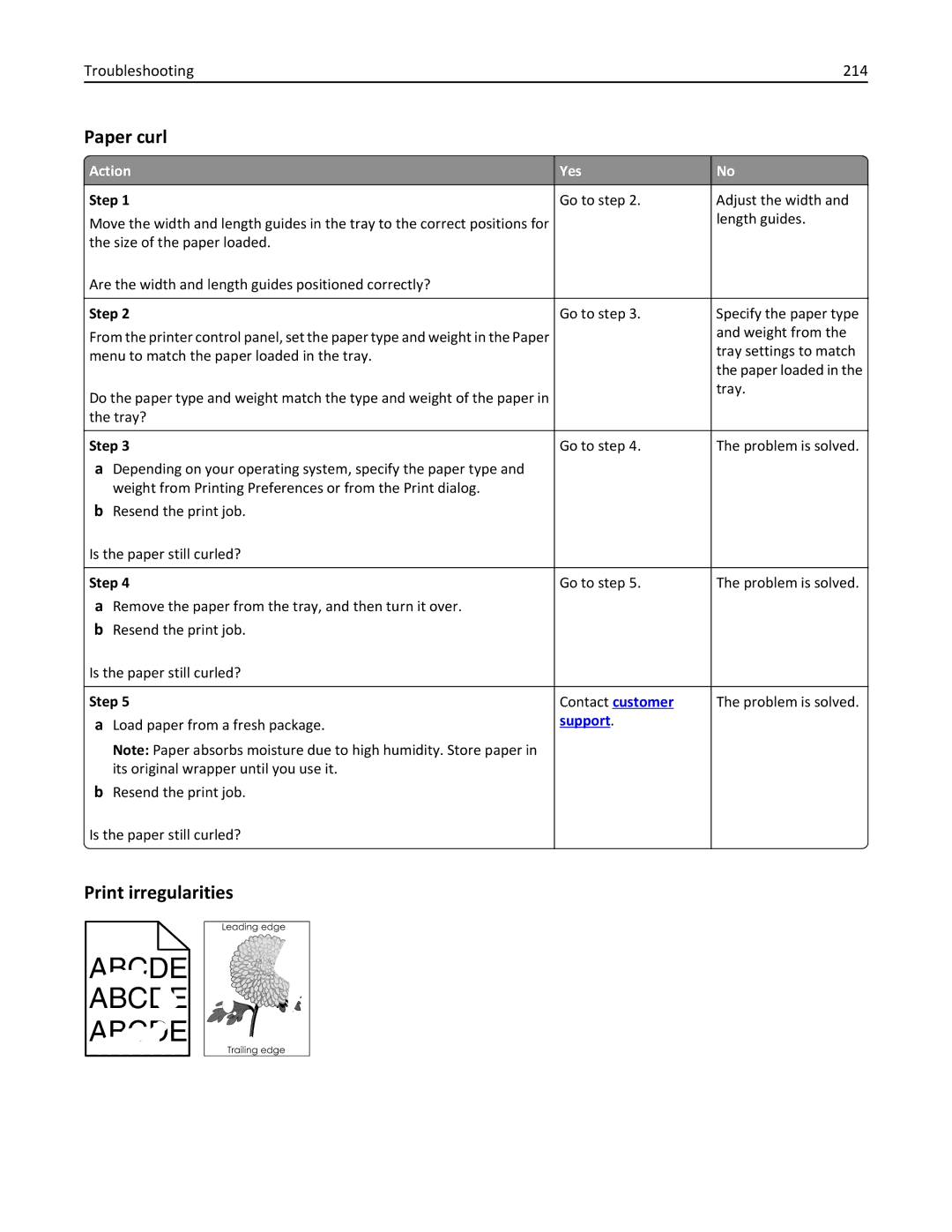 Lexmark 270, 35S5700, 35S3389, MX310DN manual Paper curl, Print irregularities, Troubleshooting 214 